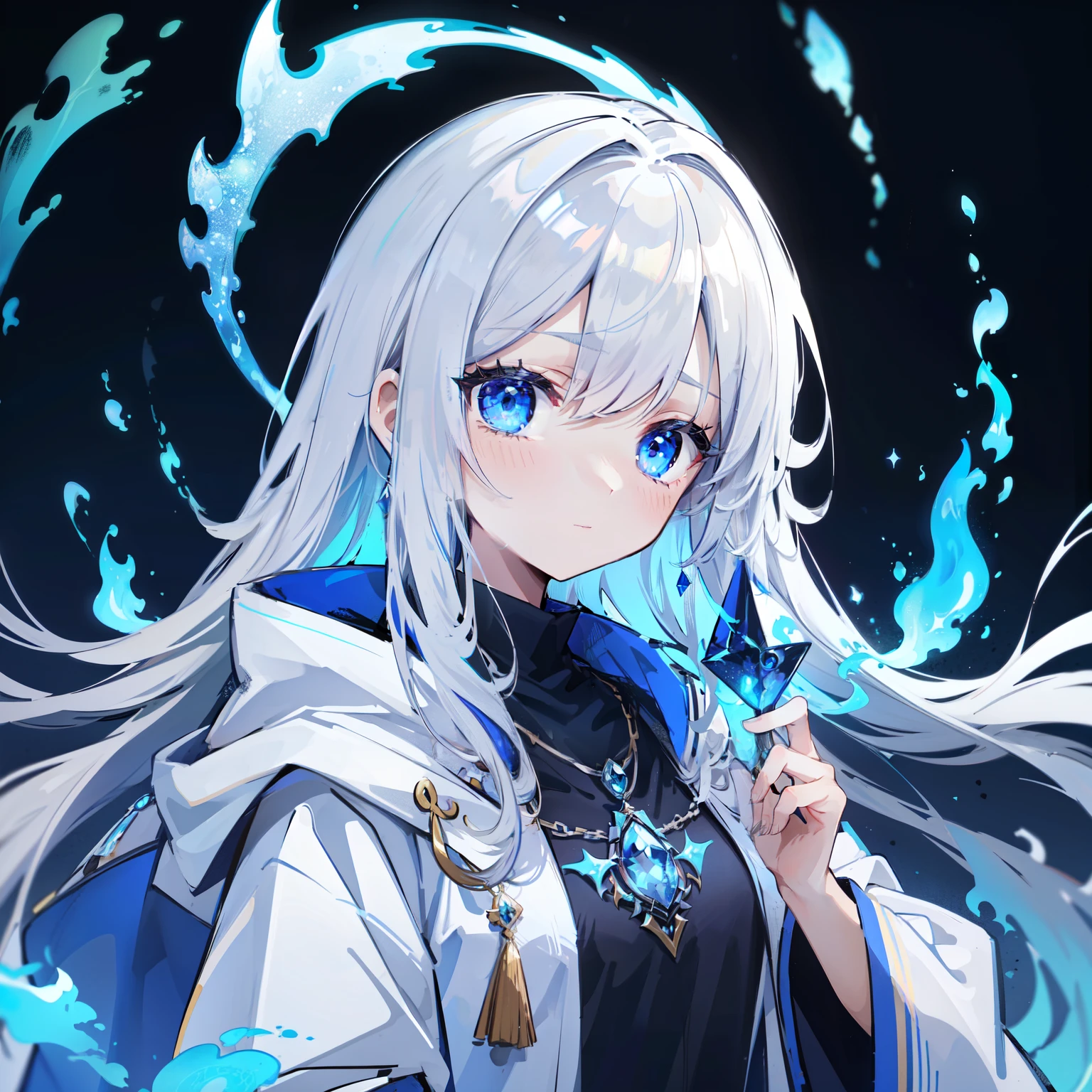 blue flame night. Darkness with impressive blue flames. A woman wearing a white wizard&#39;s robe. she has a beautiful face and bright blue eyes. Blue magical flames can be seen around her.. Detail view. bright colors. High resolution.magic wand、gray hair、blue eyes、blue gemstone necklace