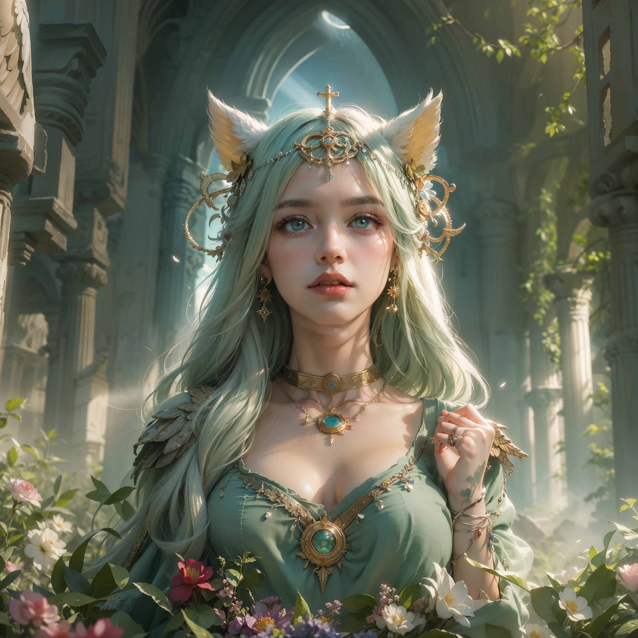 ((cat ears on head)), (award-winning masterpieces galore, incredibly detailed, textured and maximally detailed), (hyper realistic: 1.4), (realistic: 1.3), (top quality realistic textured skin), (dense perfect circle, symmetrically beautifully rendered(angelic light, circle of divine radiance, overhead: 1.8), ((medieval world)), (beautiful gentle eyes), (love the sky with beautiful colored eyes and wonderful cloud mass), (halo optical phenomenon: 1.3), (dramatic light), (wonderful scenery), (verybeautiful expression), , flower earrings in her ears, (((dramatic photo))), (twilight), (sunset), (dusk), ((sacred pose)), (silver hair), (green hair), (chestnut hair)), flower garden, (elaborate necklace around her neck), old ruins infested with plants, great temple, greatcathedral, ruins of a temple, remote temple, (glowing magic circle), ruins of an ancient castle, desolate ruins, crumbling ruins, ancient ruins with clear water, holy light, epic realistic, ((neutral color)), (HDR:1.5), (subdued color:1.2), highly detailed, cinematic, warmLight, Dramatic light, (Complex details:1.1), Complex background, Petals, Pastel colors