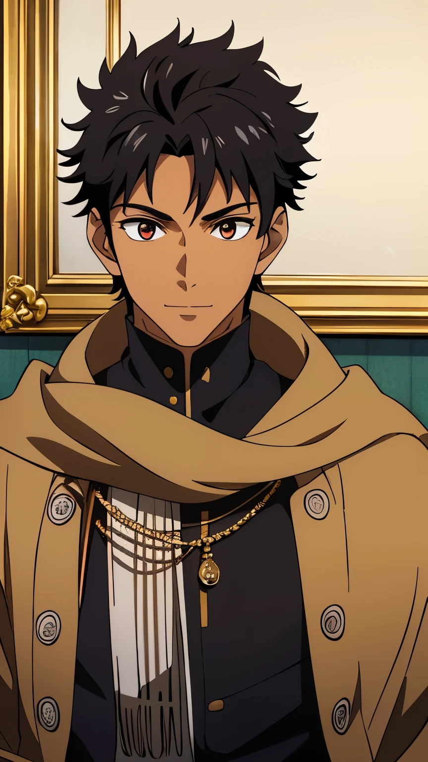 Tan skin, dark colored skin, black skin color, (high-quality, breathtaking),(expressive eyes, perfect face) portrait, 1boy, male, solo, adult, age 20, Cool cloak with silver trim, maroon colored eyes, red eyes, wearing prince clothes that are black, princely garb, cheeky grin, sly smile, closed mouth sly smile, black hair, black hair with sides faded, short lock hairstyles, looking towards viewer dreamily, big masterpiece, best quality, extremely detailed CG, beautiful detailed eyes, ultra-detailed, intricate details:1.2), 8k wallpaper, elaborate features, glistening shiny, glowing light, ray tracing, HDR, deph of field, (perfect face), HD, perfect lighting, ((beautiful detailed eyelashes)), siting in a fancy chair, in a dark room illuminated by candles