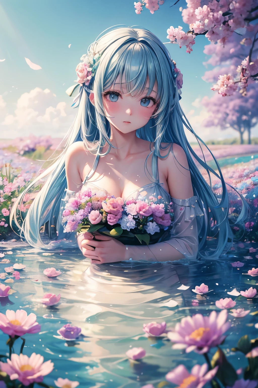 best quality, 32k, RAW photo, incredibly absurdres, extremely detailed, delicate texture, beautiful girl drowning in flowers, filled with flowers, sea of flowers, pastel colors, motion-blur, action-lines