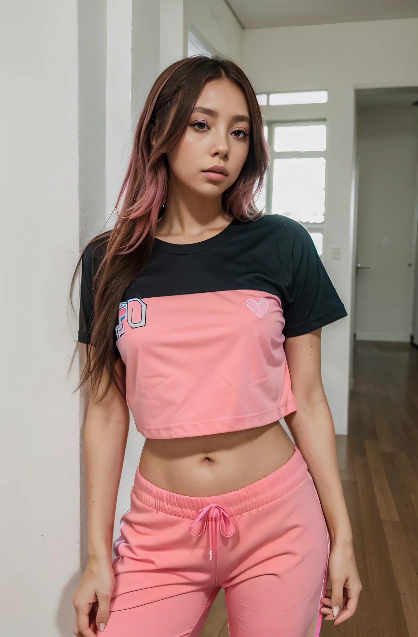 Crystal Rae vestindo uniforme escolar, (Camiseta) lime e (pants) Rosa (rebolando) Quarto Neon, pose sensual