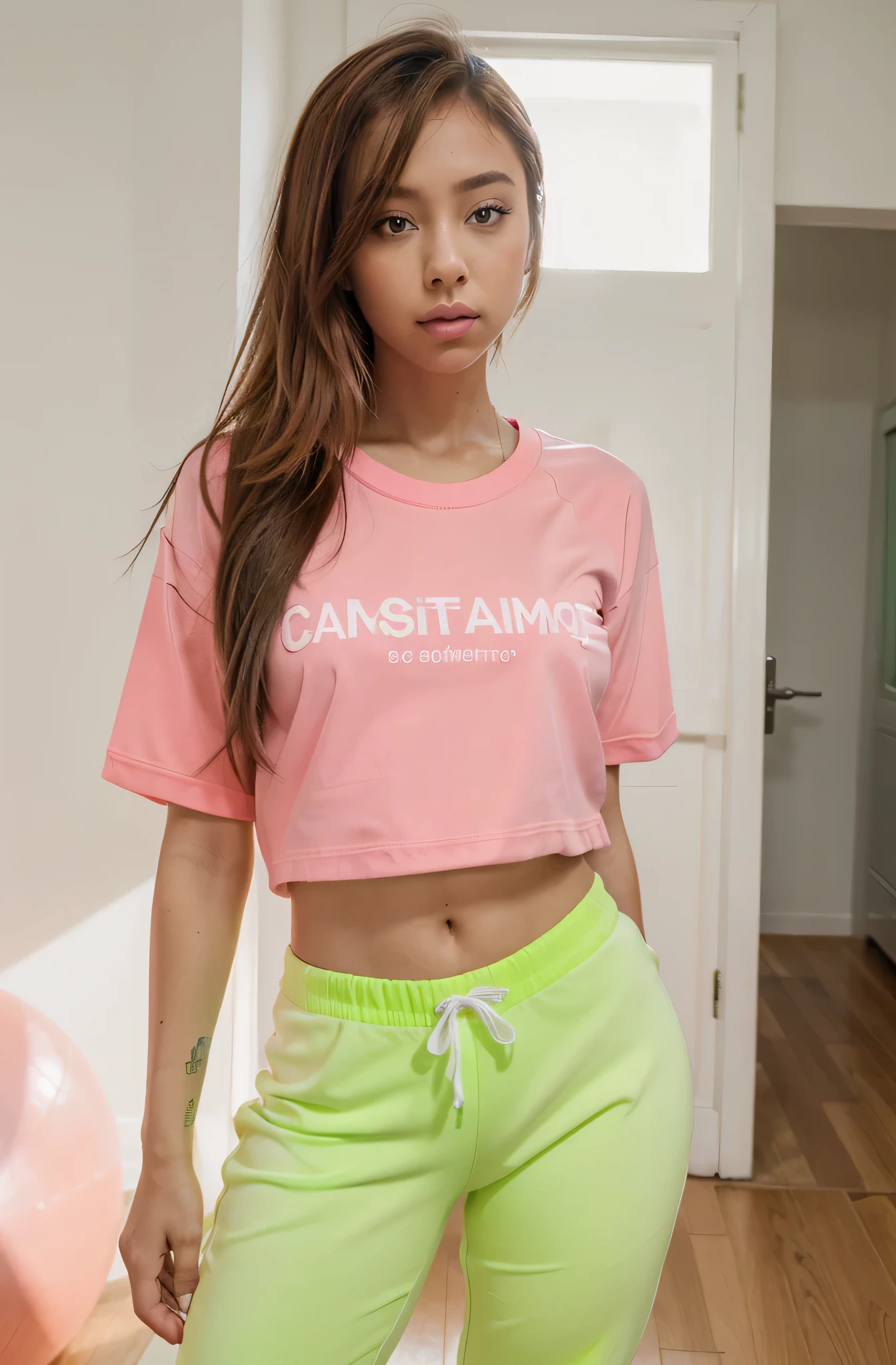 Crystal Rae vestindo uniforme escolar, (Camiseta) lime e (pants) Rosa (rebolando) Quarto Neon, pose sensual