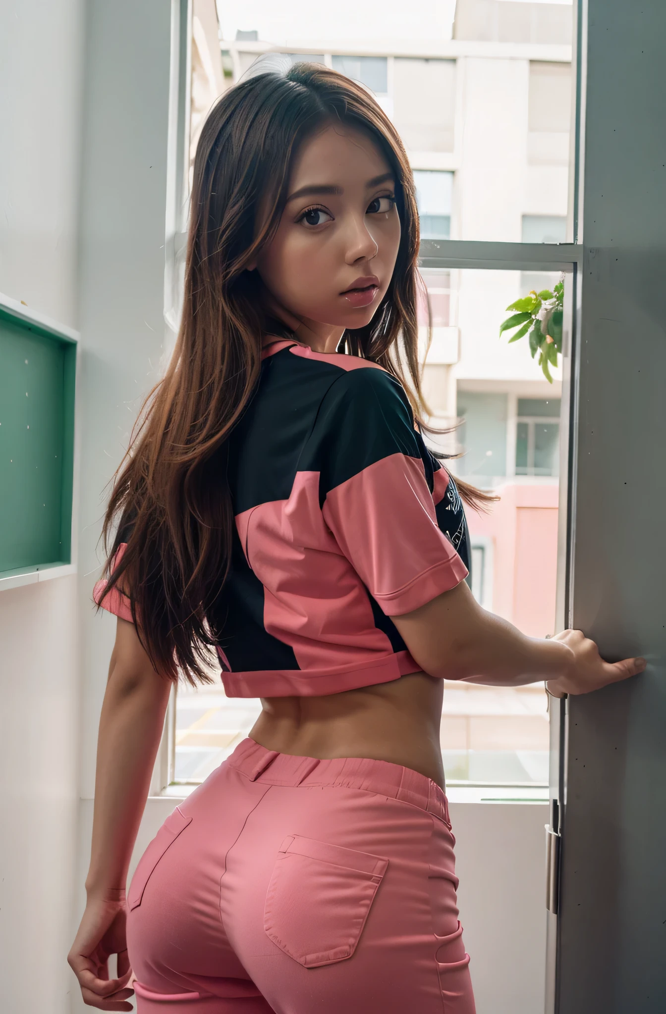 Crystal Rae vestindo uniforme escolar, (Camiseta) lime e (pants) Rosa (cute ass), olhar detalhado sala neon, pose sensual