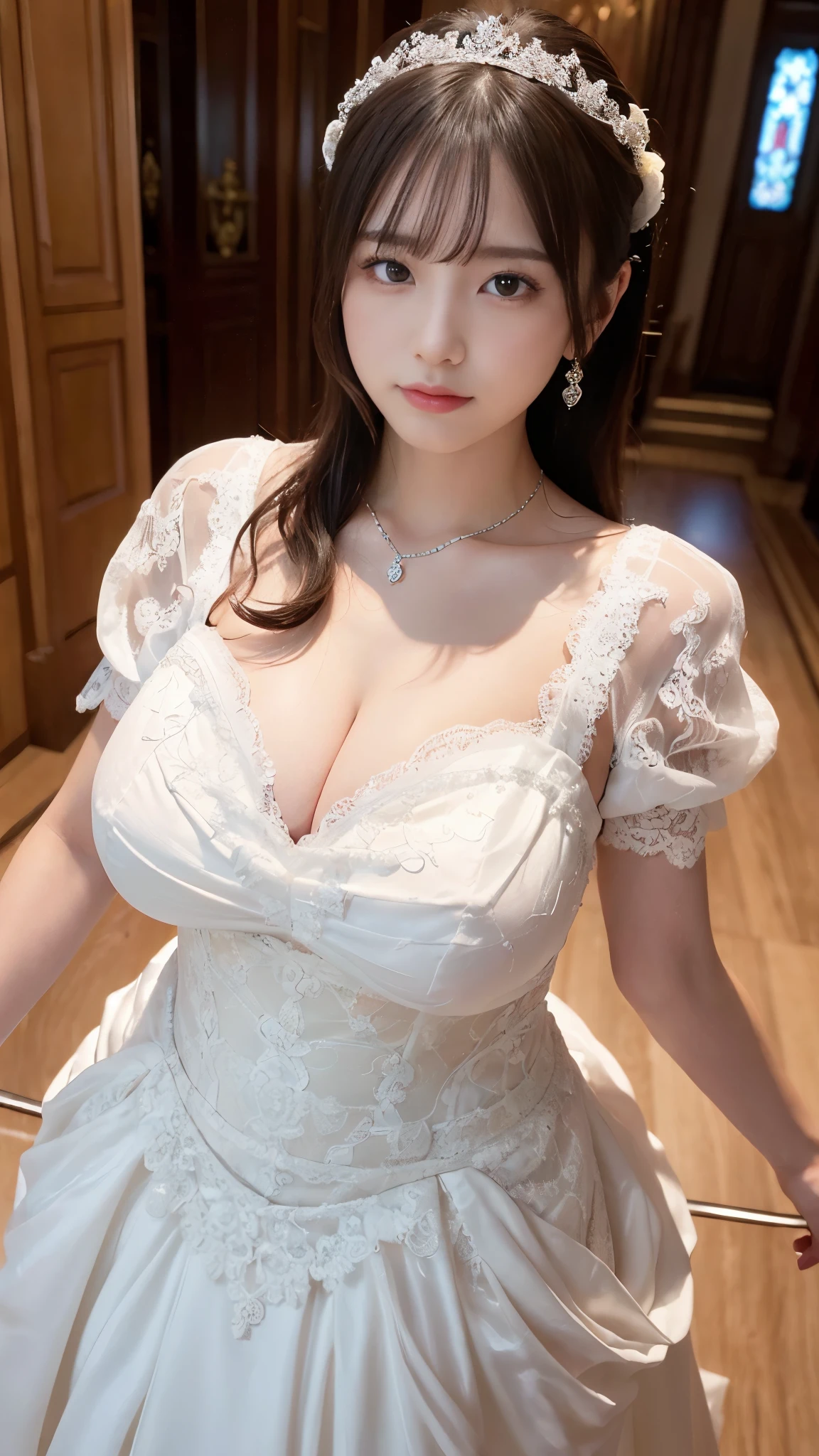 ((realistic lighting, highest quality, 8k, masterpiece: 1.3)), clear focus: 1.2, closed your mouth, balanced eyes, Detailed beautiful delicate face,(Detailed beautiful delicate eyes:1.32),written boundary depth, cute, looking at the viewer, Idol, baby face, (huge breasts), (((super big breasts))), (((super plump body))), smile, beautiful_feet, shining eyes, blush, perfect body, ruffle ball gown skirt, (Lace-trimmed sheer ball gown dress:1.4), bridal tiara, Gorgeous parchment white ball gown skirt, luxury white ball gown, classic sexy prom dresses, bridal gauntlet, bridal waterfall bouquet, whole body, long hair, church, sunlight, earrings, necklace, model, looking at the viewer, positive, absurd, (highest qualityの詳細:1.42), ((high ponytail)), realistic,8K high resolution, Super detailed, high quality texture, intricate details, detailed texture, finely, high detail, Very detailed CG, high quality shadow,messy hair, floating hair, The absurdity of exposed cleavage, thighs, look forward,Orange lips,standing