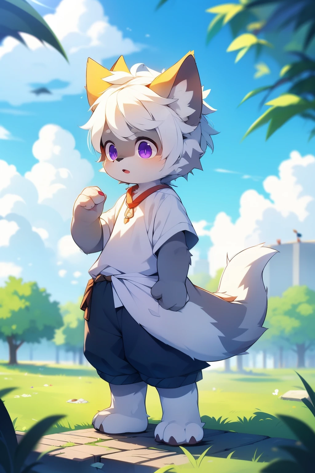 the only person，hairy male，hairy body，exhibit，Coyotes，canine，gray fur，long white hair，The ends of the hair are purple，purple eyes，being bullied，Lovely，Handsome，big tail，Full body female love，standing in the clouds，immortal，jinni，horny boy，Shota