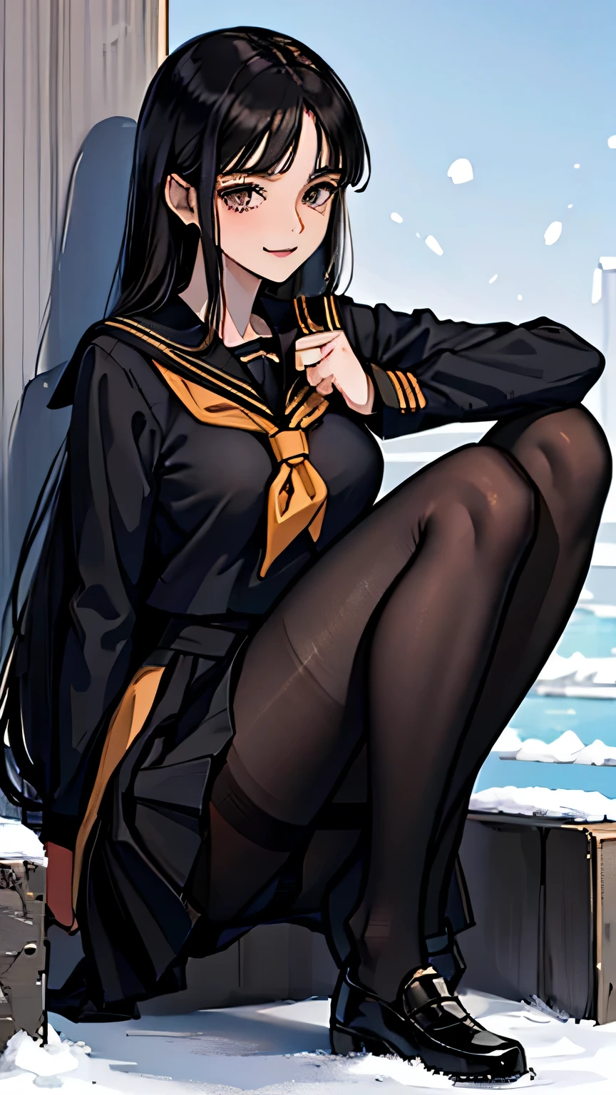 beautiful girl, , mature face, droopy eyes, long face, big breasts, small ass, (One Piece School Uniforms), (black long sailor suit:1.5), (the skirt is long to the knees: 1.5), (black pantyhose: 1.5), skin as white as snow, long black hair that reaches to the waist, have a lot of hair, bangs, inner thigh, stand facing forward, Smile with a gentle expression