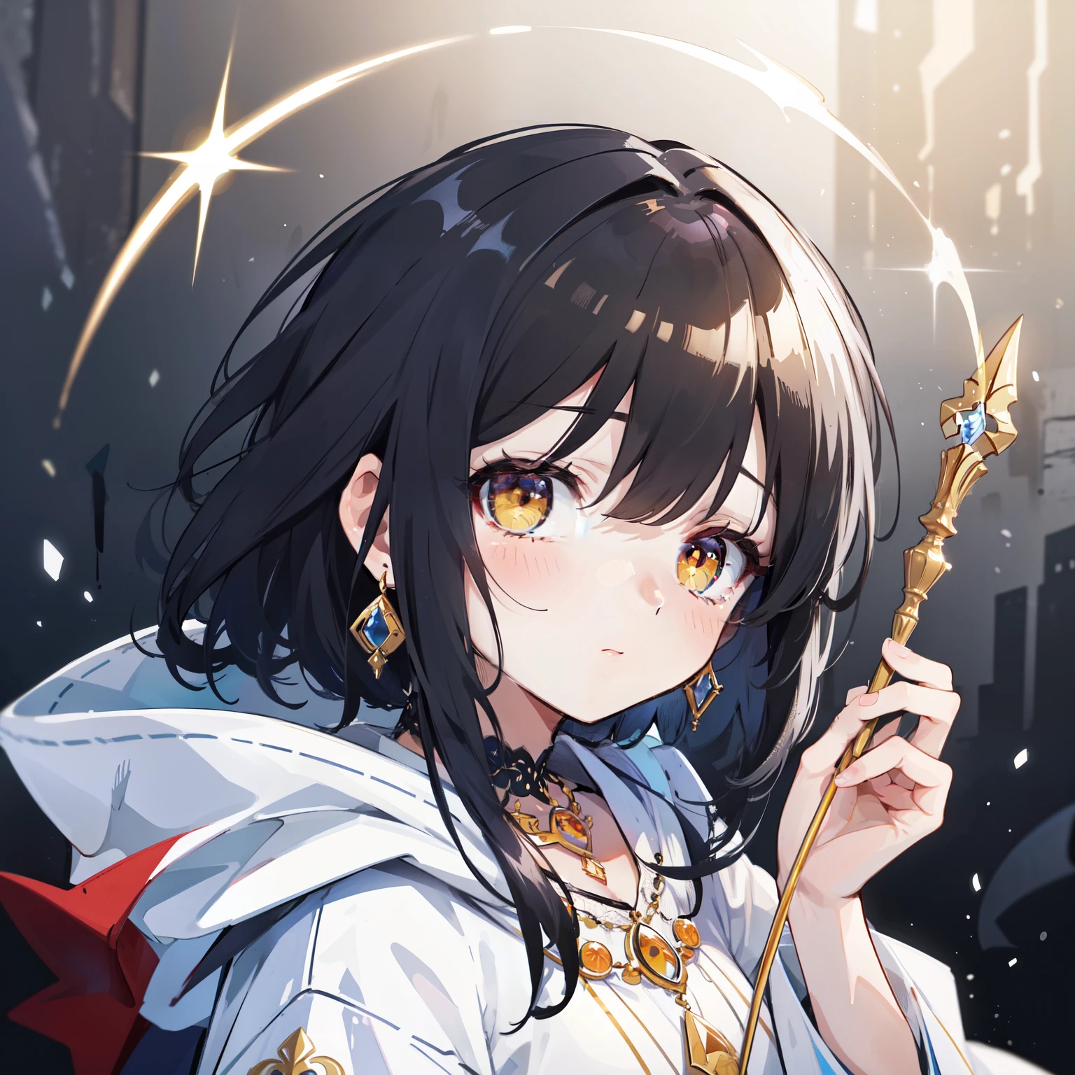 white wizard woman's robe. she has a beautiful face and bright 、yellow eyes、I see a magical light around her、 Detail view. bright colors. High resolution.magic wand、black hair、The tips of the hair are red、jewelry necklace