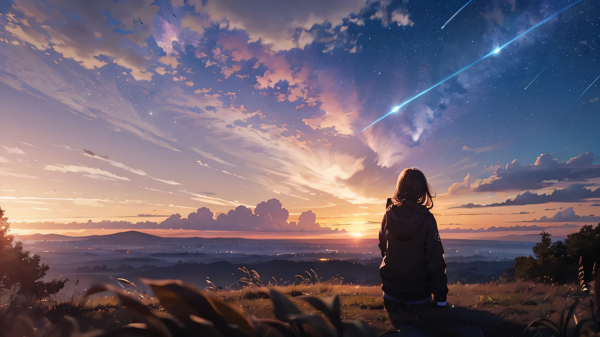 masterpiece, highest quality, Sunset colored sky, hills, ,milky way,cloud, full moon, long hair fluttering in the wind, woman, silhouette, firefly.Wide sky,wear headphones,shooting star