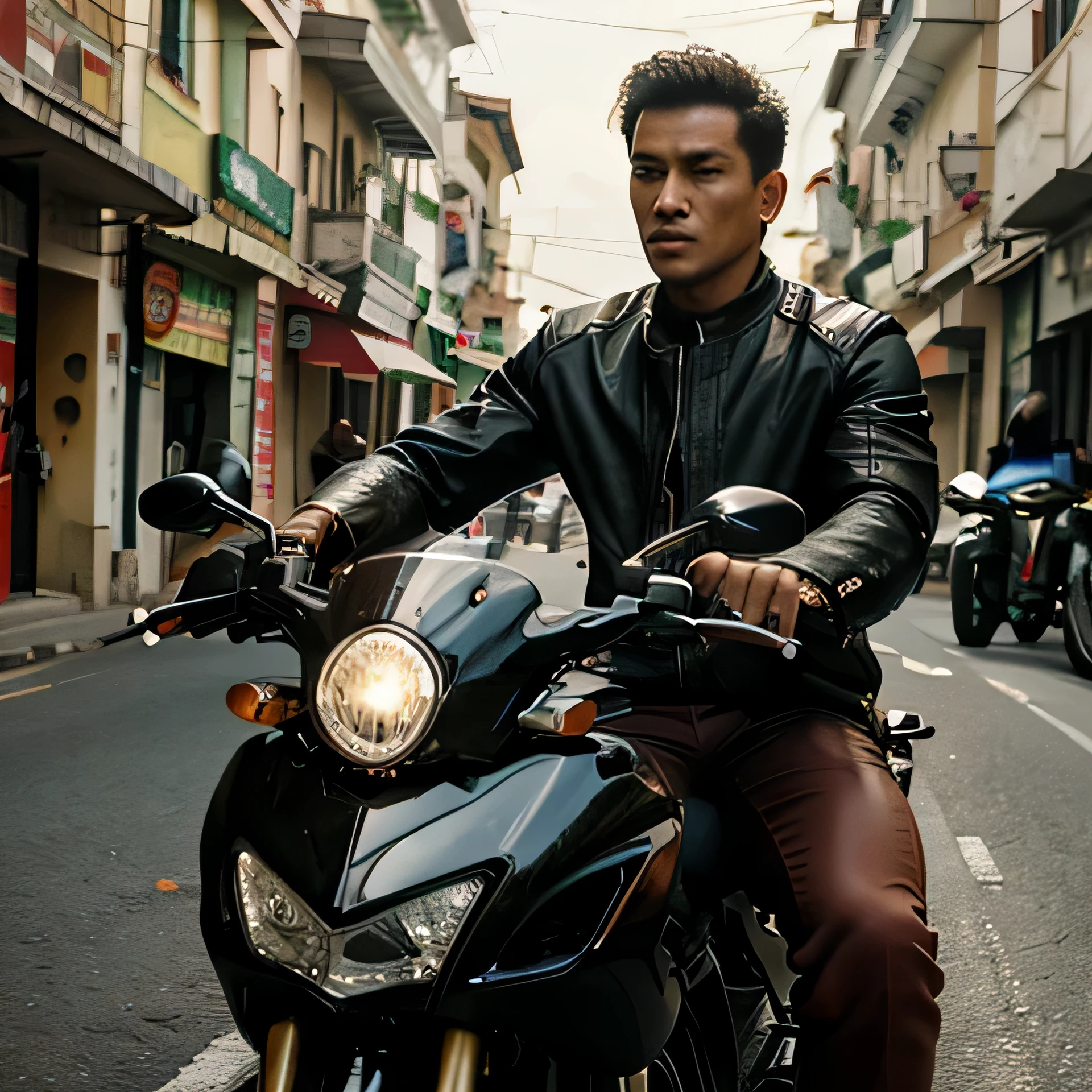 A man, Indonesian faced, handsome, dashing, athletic body, riding an Italian motorcycle, on the streets of Jakarta, full hd, dramatic, realistic, 8k.