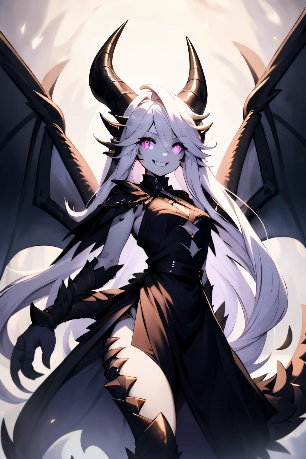 Masterpiece, big crazed open smile,evil menacing face and smile, laughing open large fanged smile,(Highres,4k,highly detailed, best quality),1woman, very long wavy white hair, glowing bright purple dragon eyes with black sclera, dragon scales on her body, slender and tall, very long ornate black gothic black dress, dragon legs and hands, 2 large angel wings, 6 horns with 3 on each side, small-medium chest, white feathers on tail and along her body,1 tail, head tilted, killer looking face, purple haze and light streaming from her eyes, focus on face, eyes with black sclera