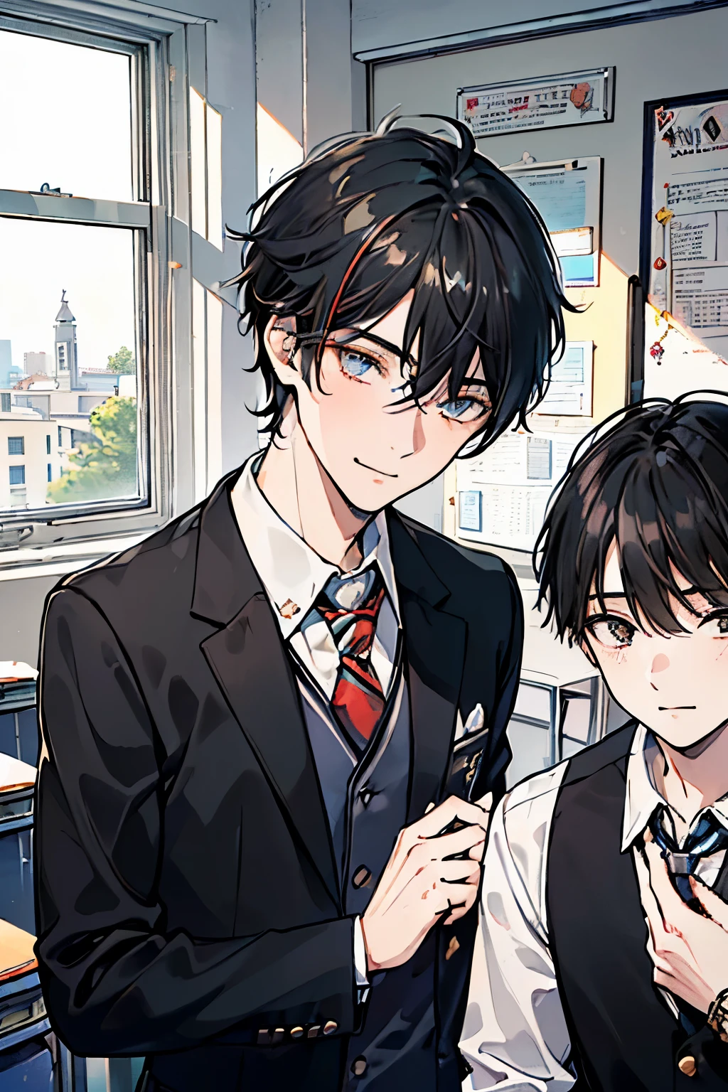 (muste piece), (best quality), very detailed, (((Two friendly high school boys:1.5))), perfect face, beautiful face, very detailed face，(black haired man:1.3)，(white haired man:1.3)，School，classroom，student uniform，tie，shirt