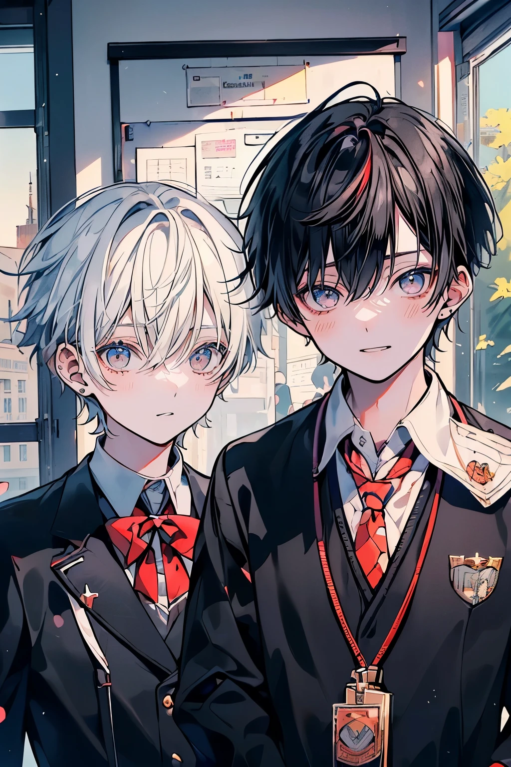 (muste piece), (best quality), very detailed, (((Two friendly high school boys:1.5))), perfect face, beautiful face, very detailed face，(black haired man:1.3)，(white haired man:1.3)，School，classroom，student uniform，tie，shirt
