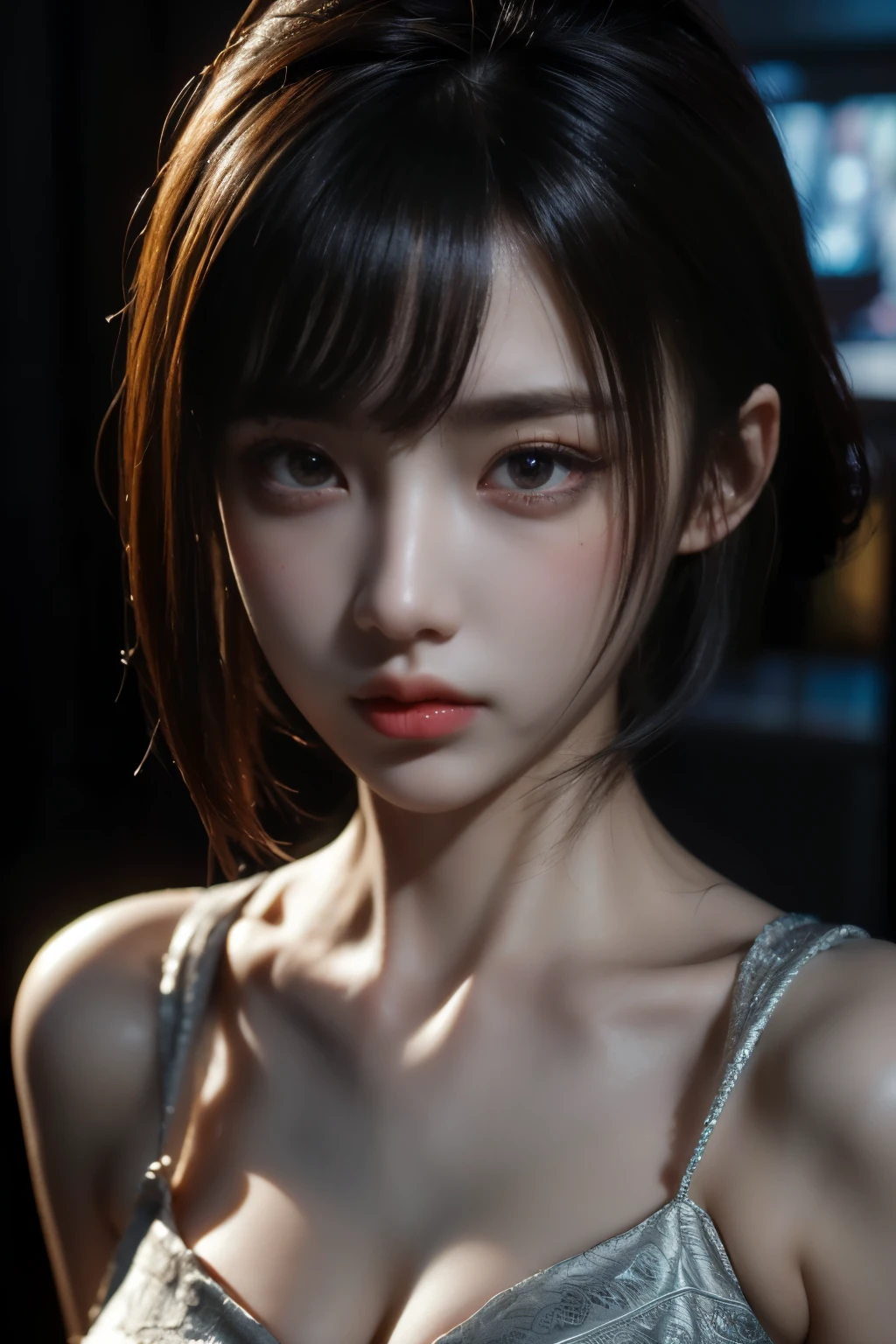 Masterpiece,Game art,The best picture quality,Highest resolution,8K,(Portrait),Unreal Engine 5 rendering works,(Digital Photography),((Portrait Feature:1.5)),
20 year old girl,Short hair details,With long bangs,(The red eye makeup is very meticulous),(White with short hair:1.4),(Large, full breasts),Elegant and noble,Brave and charming,
(Future armor combined with the characteristics of ancient Chinese armor,Hollow design,Power Armor,The mysterious Eastern runes,A delicate dress pattern,A flash of magic),Warrior of the future,Cyberpunk figures,Background of war,
Movie lights，Ray tracing，Game CG，((3D Unreal Engine))，OC rendering reflection pattern