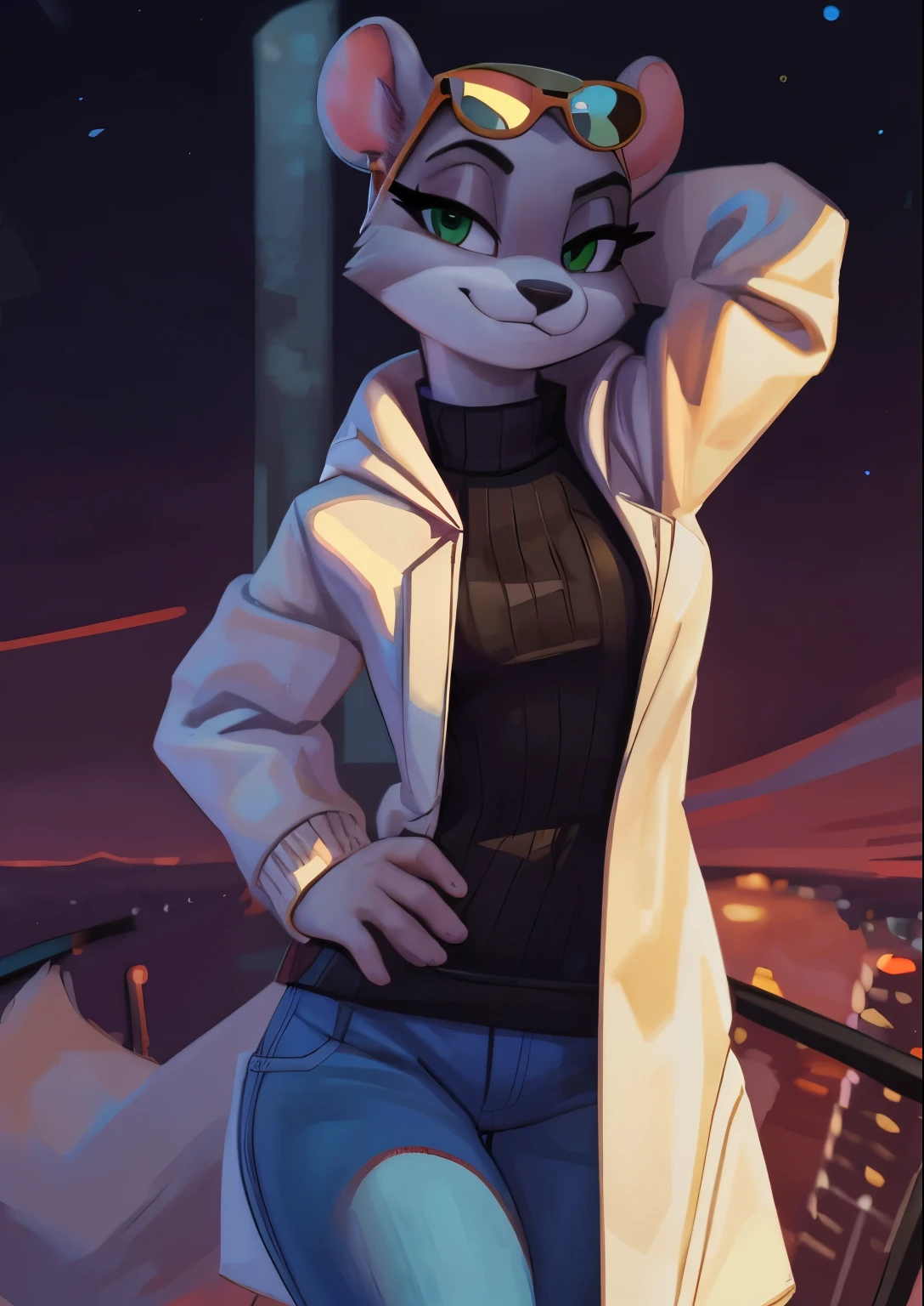 [marie itami], [brand new animal], [Uploaded to e621.net; (wamudraws), (Pixelsketcher)], ((masterpiece)), ((HD)), ((high res)), ((solo portrait)), ((waist-up)), ((front view)), ((furry; anthro)), ((detailed fur)), ((detailed shading)), ((beautiful render art)), ((intricate details)), {anthro mink; grey fur, black nose, (cute green eyes), (detailed iris), (long eyelashes), (long fluffy tail), (curvy hips), (detailed legs), (beautiful legs), (smug smirk), (relaxed expression)}, {(black turtleneck sweater), (white coat), (tight jeans), (green shades on head)}, {(standing), (hand behind head), (looking at viewer)}, [background; (city), (beautiful port), (clouds in sky), (blue sky), (sun rays), (ambient lighting)]