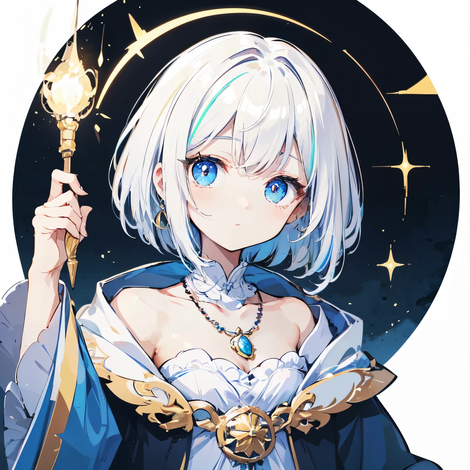 wizard's robe. she has a beautiful face and bright 、odd eye、I see a magical light around her、 Detail view. bright colors. High resolution.magic wand、white hair、Two-tone hair color、jewelry necklace、delicate illustrationoon motifs、short hair