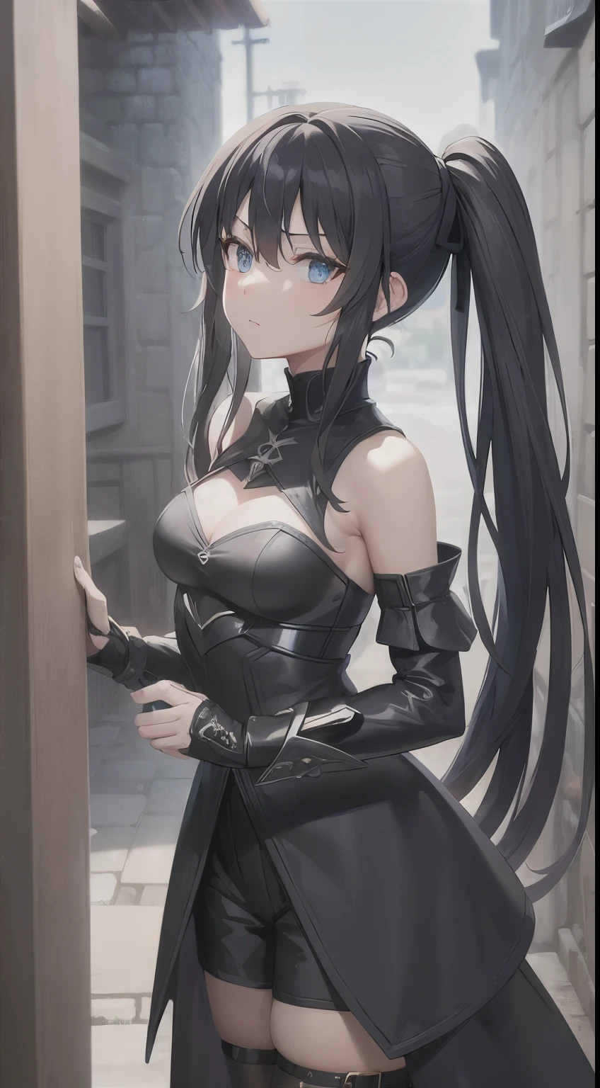 big masterpiece, best quality, extremely detailed CG, beautiful detailed eyes, ultra-detailed, intricate details:1.2), 8k wallpaper, elaborate features, glistening shiny, glowing light, ray tracing, HDR, deph of field, (perfect face), HD, perfect lighting, ((beautiful detailed eyelashes)), ((full body)), solo:1.5 (high-quality, breathtaking),(expressive eyes, perfect face) portrait, 1girl, female, solo, adult, age 20, Black hair, raven black hair, Dark black hair color, bright blue eye color, blue eyes, sky blue eye color, long hair length, looking at viewer, half body, calm expression, tsundere face expression, fantasy clothing, height 4"3, fantasy adventurer attire, rouge attire, thief profession, short height, black cloak, black jacket, black short sleeved shirt, long sleeved leather bracers, black shorts, silver trim, fantasy armor, shoulder pads, pigtails, long pigtails, pigtails hairstyle, very long hair, very long tiwntails hairstyle only, very long pigtail hairstyles, leather armor, light tanned skin, B cup breast size, curly hair, slightly narrow eyes, mature face, wearing fantasy themed clothes, wearing assassin clothes, wearing thief clothes, wearing black hooded cloak, hood down on cloak, black shorts, black knee high socks, black leather armor, boob window on chest, flipping a coin, leaning against a wall waiting, leaning against a wall flipping a coin, silver trim on fantasy clothes silver trim on clothes, glorious absolute territory, absolute territory, in an alley way, in a stone alley way, stone wall, fantasy stone alleyway, night time, moon over head, moonlight shining down