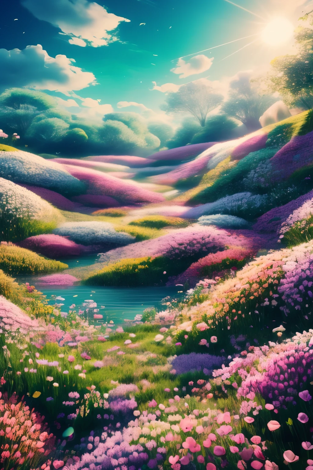 best quality, 32k, RAW photo, incredibly absurdres, extremely detailed, delicate texture, drowning in flowers, filled with flowers, sea of flowers, pastel colors, motion-blur, action-lines