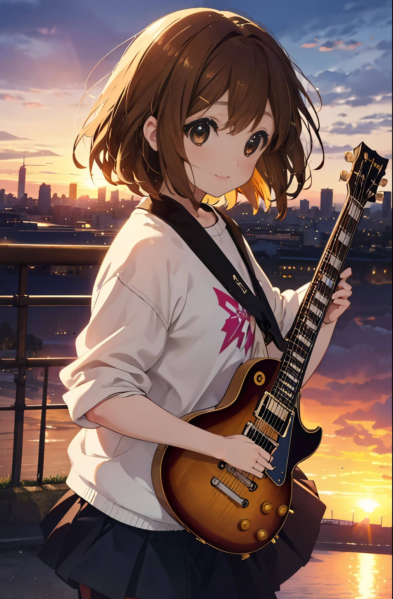 yuihirasawa, yui hirasawa, short hair, brown hair, hair ornaments, (brown eyes:1.5),blush,smile,white oversized sweater, black pleated skirt,white pantyhose,short boots,hair clip,guitar(Gibson Les Paul)flip、smile、Overlooking the city from the top of the hill、the sunset is beautiful、風が強い
break otdoors, ,
break looking at viewer, (cowboy shot:1.5),
break (masterpiece:1.2), highest quality, High resolution, unity 8k wallpaper, (shape:0.8), (fine and beautiful eyes:1.6), highly detailed face, perfect lighting, Very detailed CG, (perfect hands, perfect anatomy),