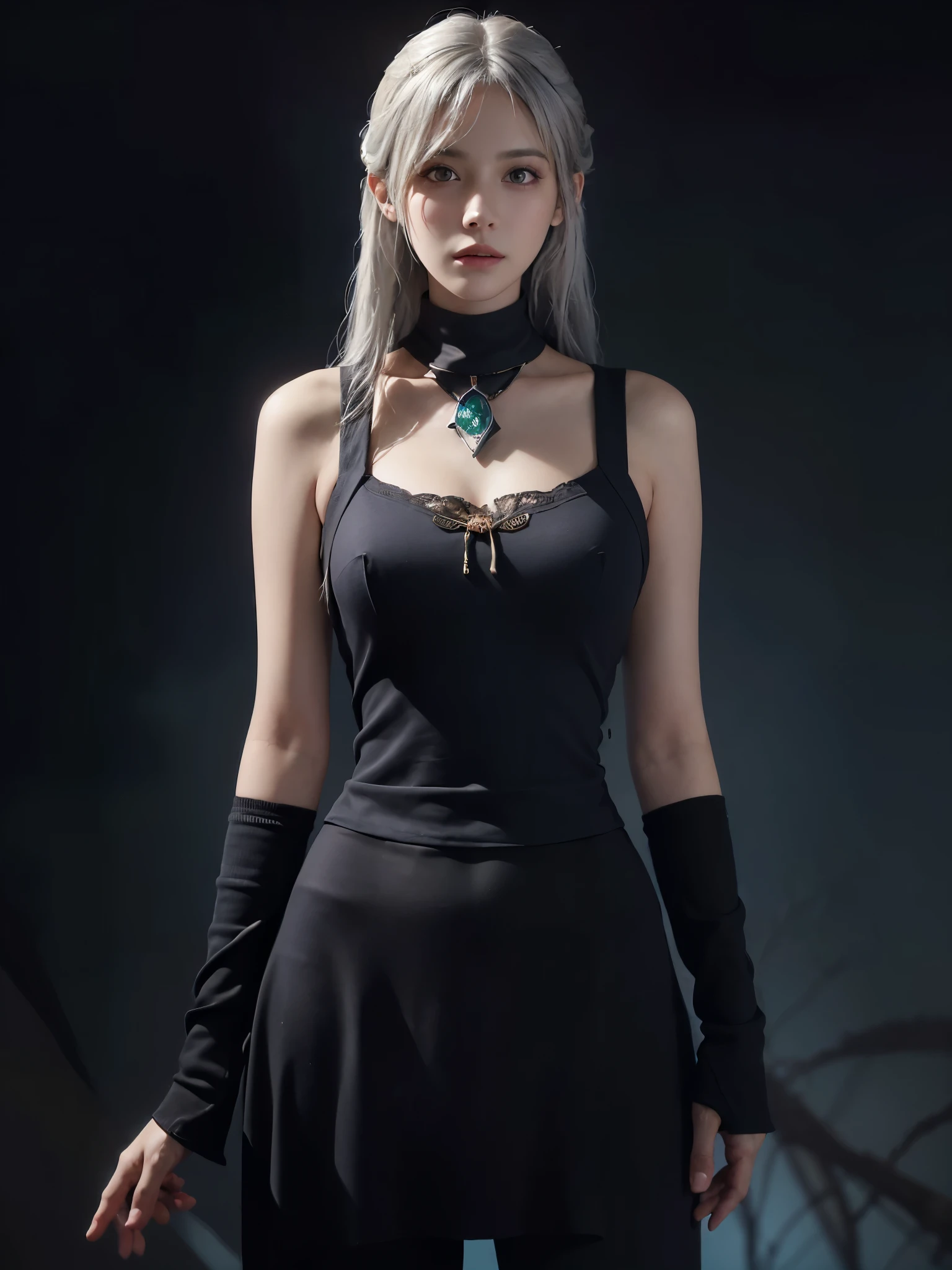 create image, green haired female character, eye white, albino and tall, com um corpo musculoso.
The girl is holding a katana, and her clothes are a gray Egyptian-style dress