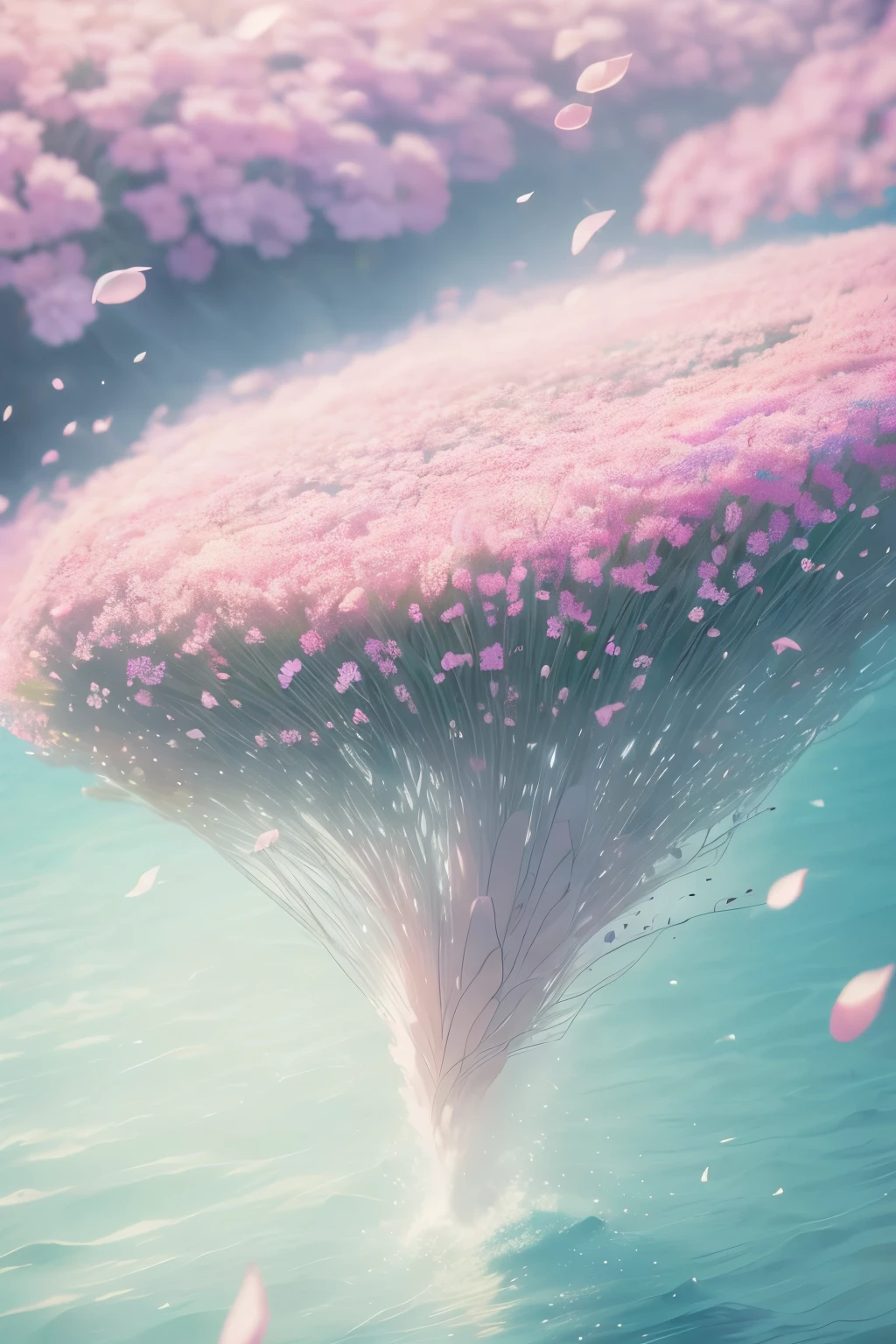 best quality, 32k, RAW photo, incredibly absurdres, extremely detailed, delicate texture, drowning in flowers, filled with flowers, sea of flowers, pastel colors, motion-blur, action-lines