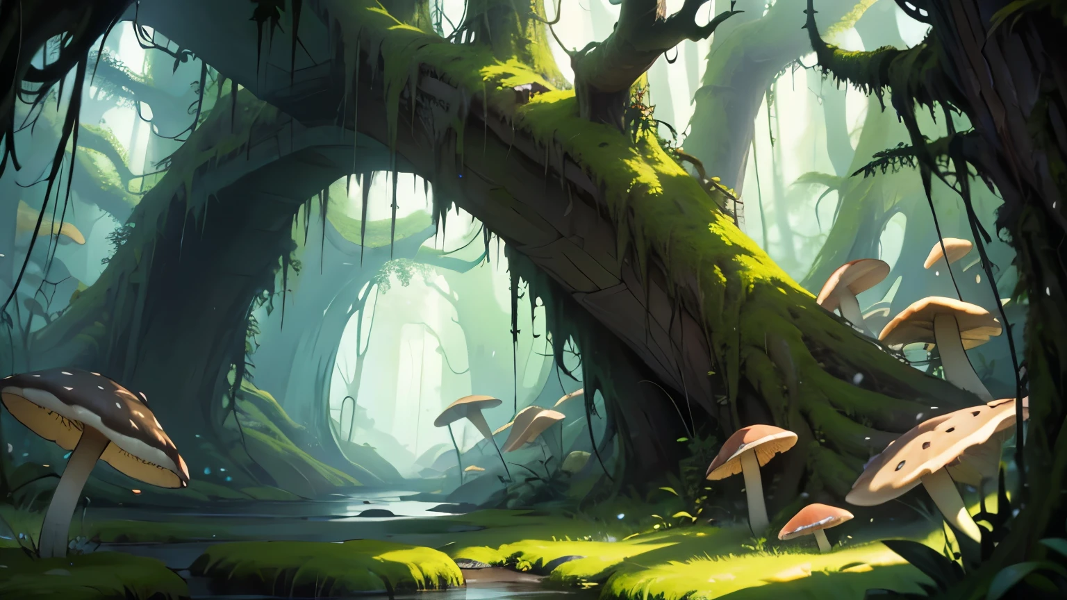 4k ultra high quality landscape background dungeons and dragons swamp overgrown marsh fungi spores mushrooms moss