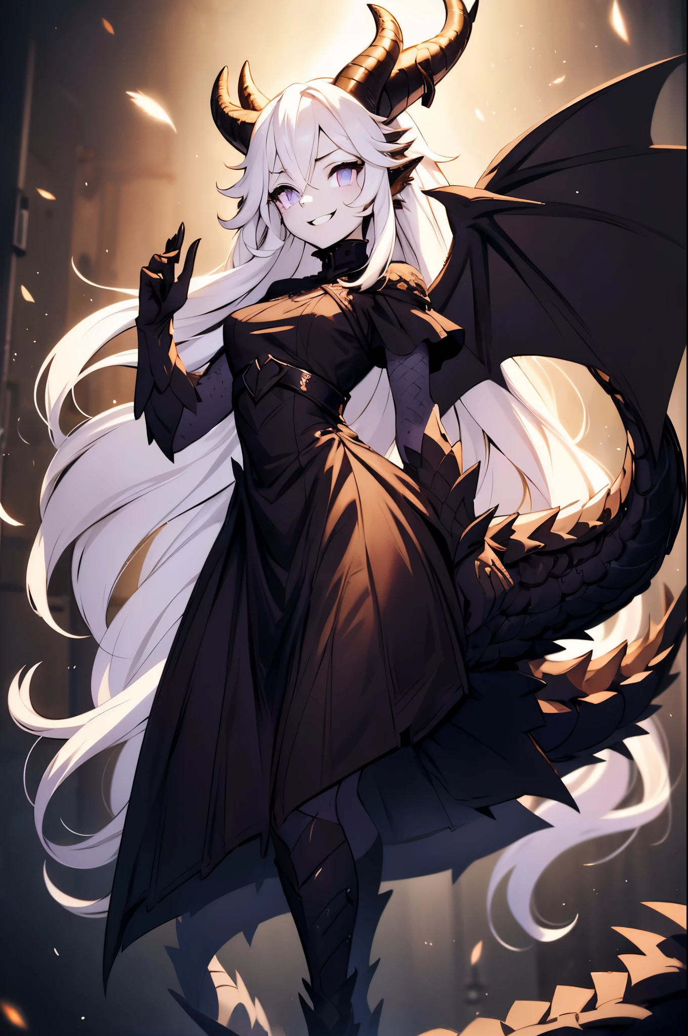 Masterpiece, big crazed open smile,evil menacing face and smile, laughing open large fanged smile,(Highres,4k,highly detailed, best quality),1woman, very long wavy white hair, glowing bright purple dragon eyes with black sclera, dragon scales on her body, slender and tall, very long ornate black gothic black dress, dragon legs and hands, 2 large angel wings, 6 horns with 3 on each side, small-medium chest, white feathers on tail and along her body,1 tail, head tilted, killer looking face, purple haze and light streaming from her eyes, focus on face, eyes with black sclera