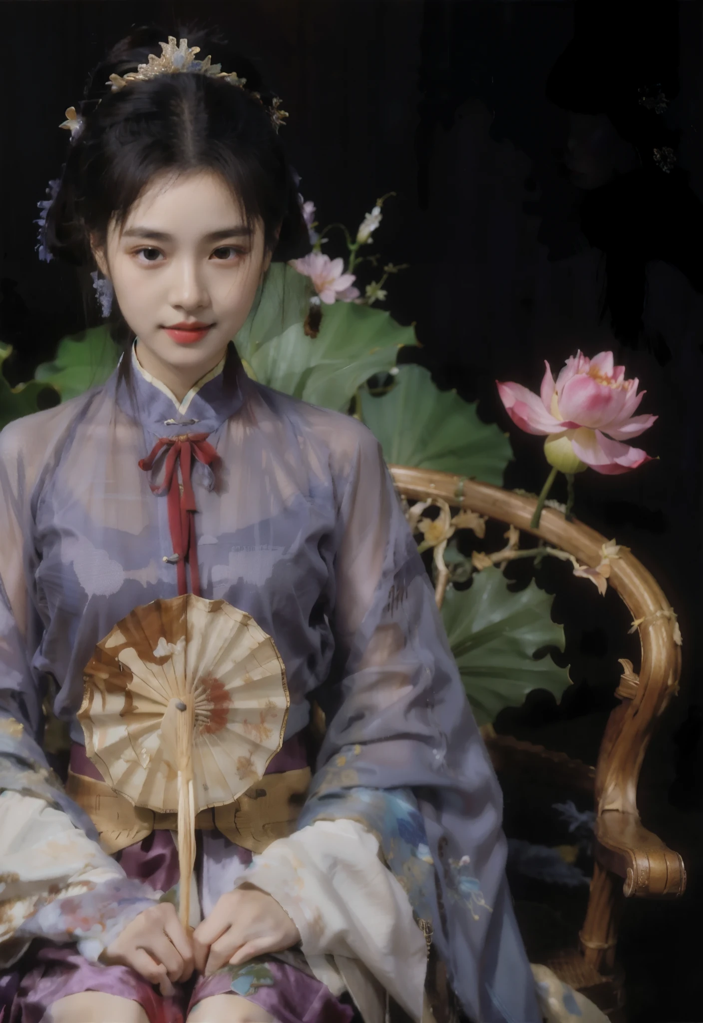 best quality，masterpiece，（painting：1.6）Wearing purple Hanfu，Fide woman wearing gauze skirt sitting on wooden sculpture chair，wood carving chair，背后有lotus以及lotus leaf，lotus，lotus leaf，Holding a round fan, queen of china, palace ， girl wearing hanfu, chinese princess, Inspired by Yun Shouping, Inspired by Chen Rong, ancient chinese princess, Chen Jiru, Inspired by Zhang Xuan, chinese woman, beautiful fantasy queen, Gurwitz style artwork。Ancient Chinese clothes，chiffon，folding fan。美丽的folding fan。Holding round fan in hand (:1.5),（Amy Sole：0.248），（Stanley Ategg Liu：0.106），（a detailed painting：0.353），（文艺复兴古典painting风格：0.8）
\\
a woman with long black hair(Amy Sole:0.248), (Stanley Liu:0.106), (a detailed :0.353), (gothic art:0.106)（Amy Sole：0.248），（Stanley Ategg Liu：0.106），（a detailed painting：0.353），（文艺复兴古典painting风格：0.8）