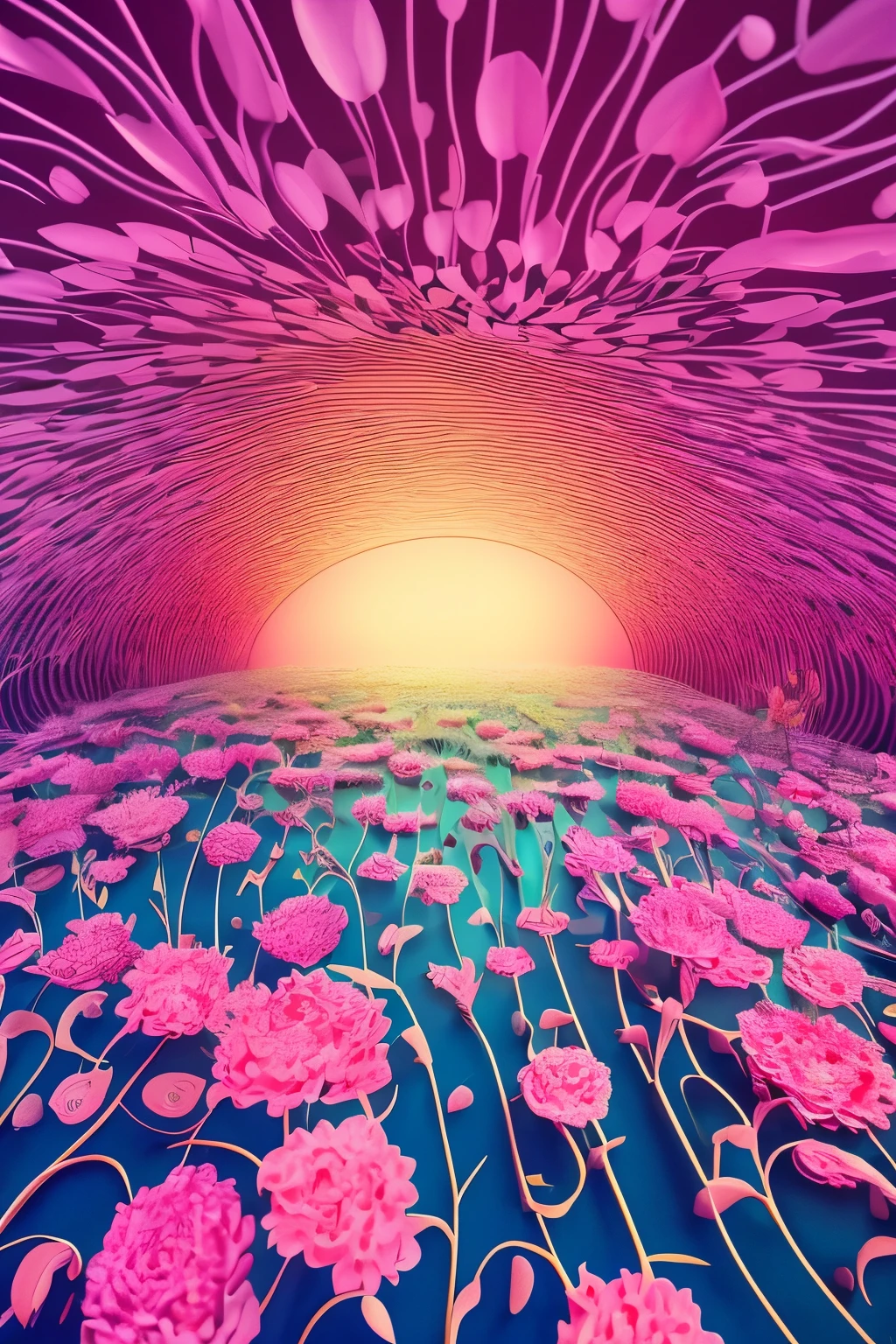best quality, 32k, RAW photo, incredibly absurdres, extremely detailed, delicate texture, drowning in flowers, filled with flowers, sea of flowers, pastel colors, motion-blur, action-lines