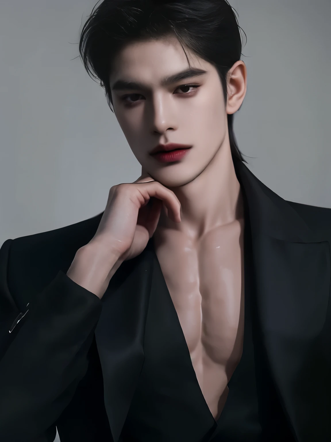 masterpiece, top elite quality, ultra perfection detailed, 1 mature male, 30-ish, (wide shoulder), (muscular), male focus, solo, attractively hot handsome, office background, photography of a hot mafia villain with fully clothed is elegant dark attire, manhwa style, smirk expression, sharp gaze, perfect body, perfect shapes, pose, 8k.