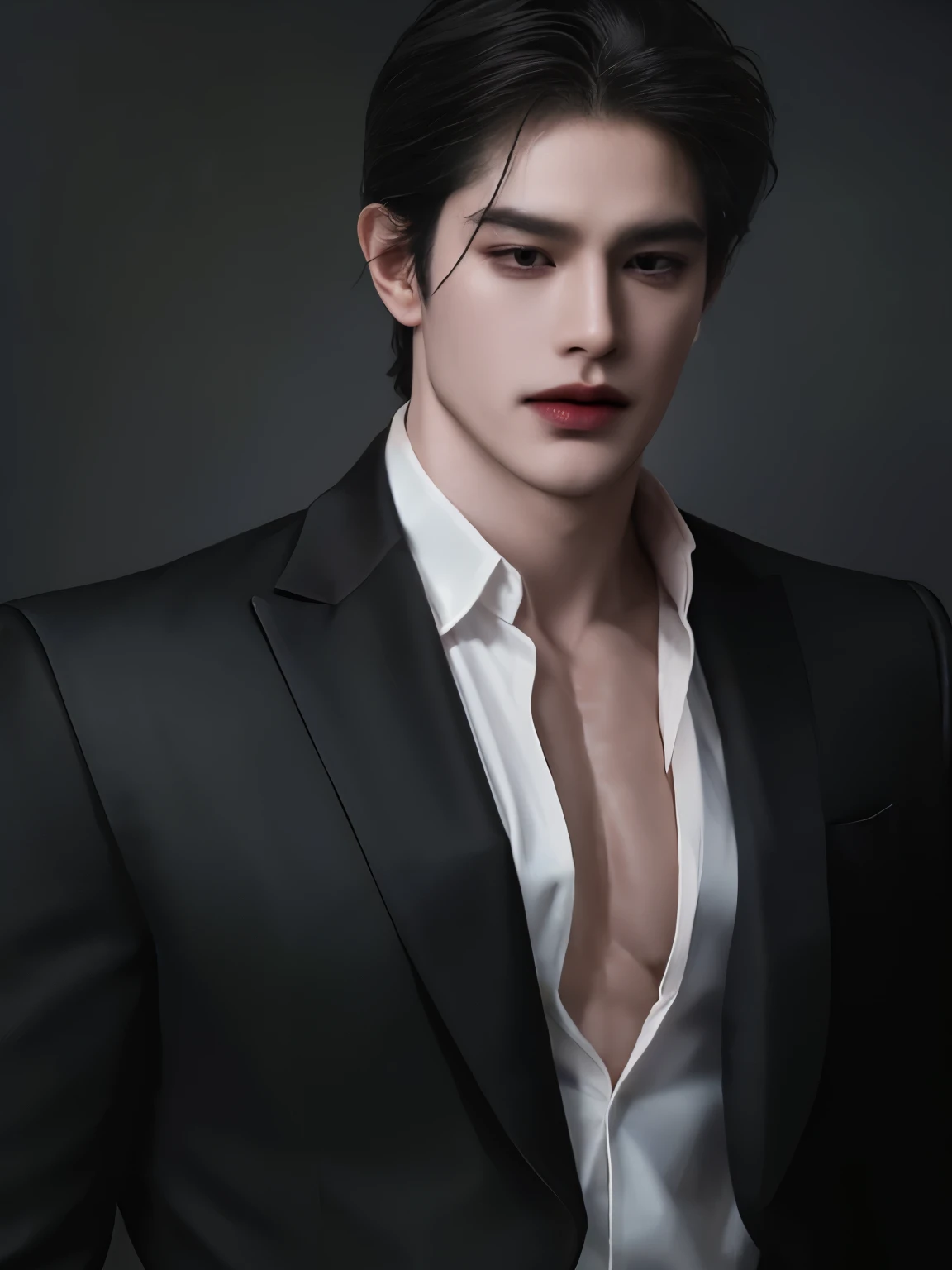 masterpiece, top elite quality, ultra perfection detailed, 1 mature male, 30-ish, (wide shoulder), (muscular), male focus, solo, attractively hot handsome, office background, photography of a hot mafia villain with fully clothed is elegant dark attire, manhwa style, smirk expression, sharp gaze, perfect body, perfect shapes, pose, 8k.