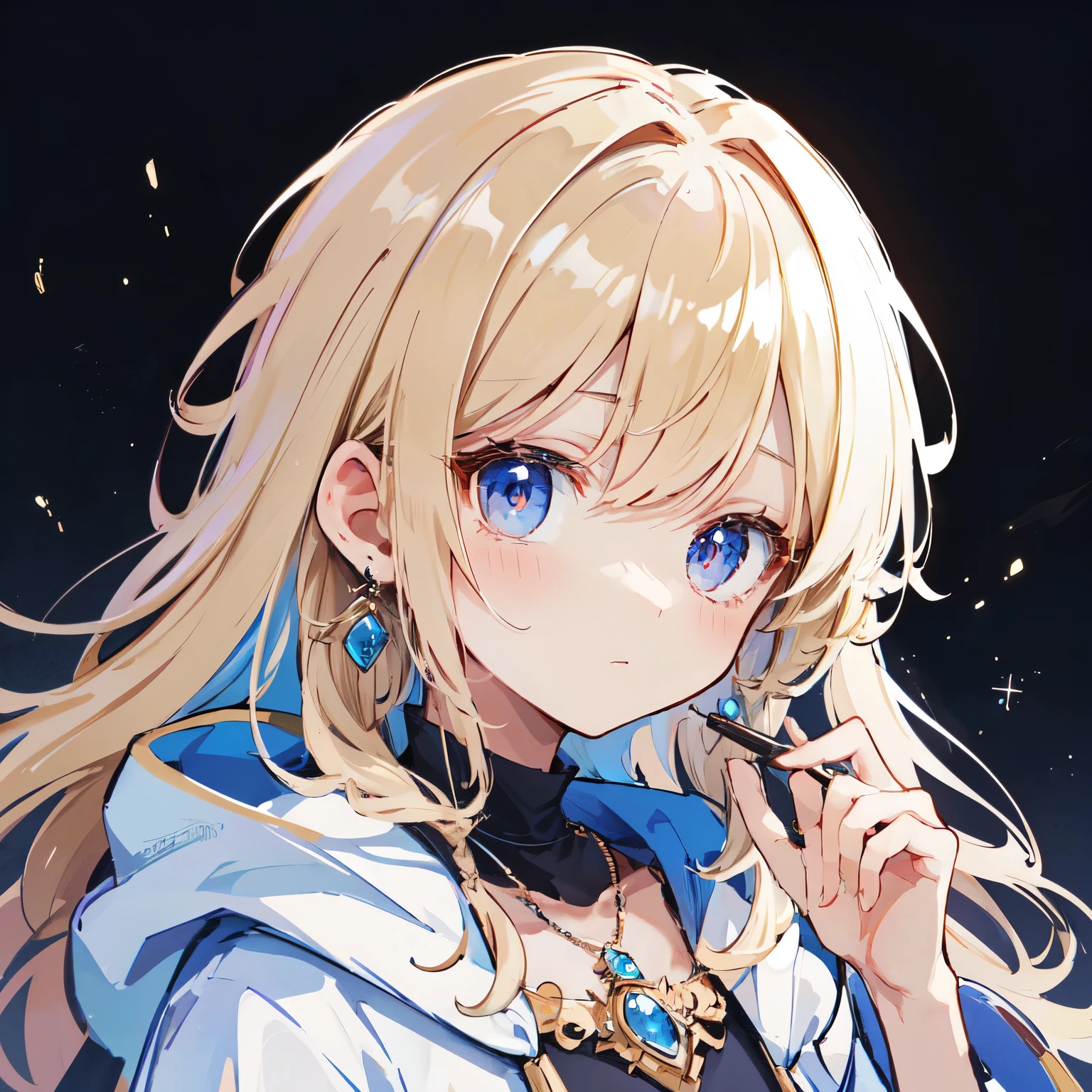 wizard&#39;s robe、She has a beautiful face and a bright 、odd eye、I see a magical light around her、 Detail view. bright colors. High resolution.magic wand、two tone hair color、jewelry necklace、delicate illustration motif、wavy hair、star motif