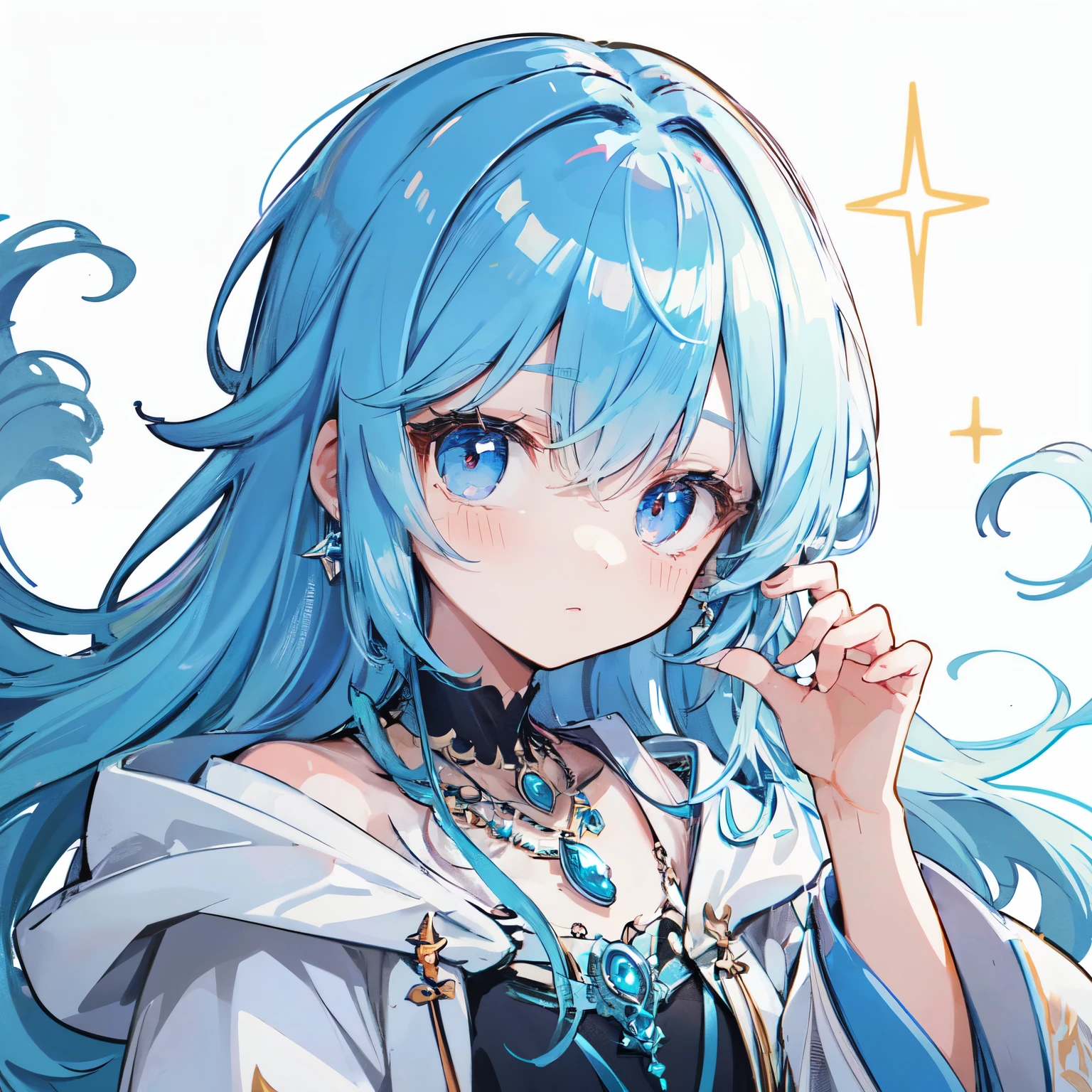 wizard's robe、She has a beautiful face and a bright 、odd eye、I see a magical light around her、 Detail view. bright colors. High resolution.magic wand、two tone hair color、jewelry necklace、delicate illustration motif、wavy hair、star motif