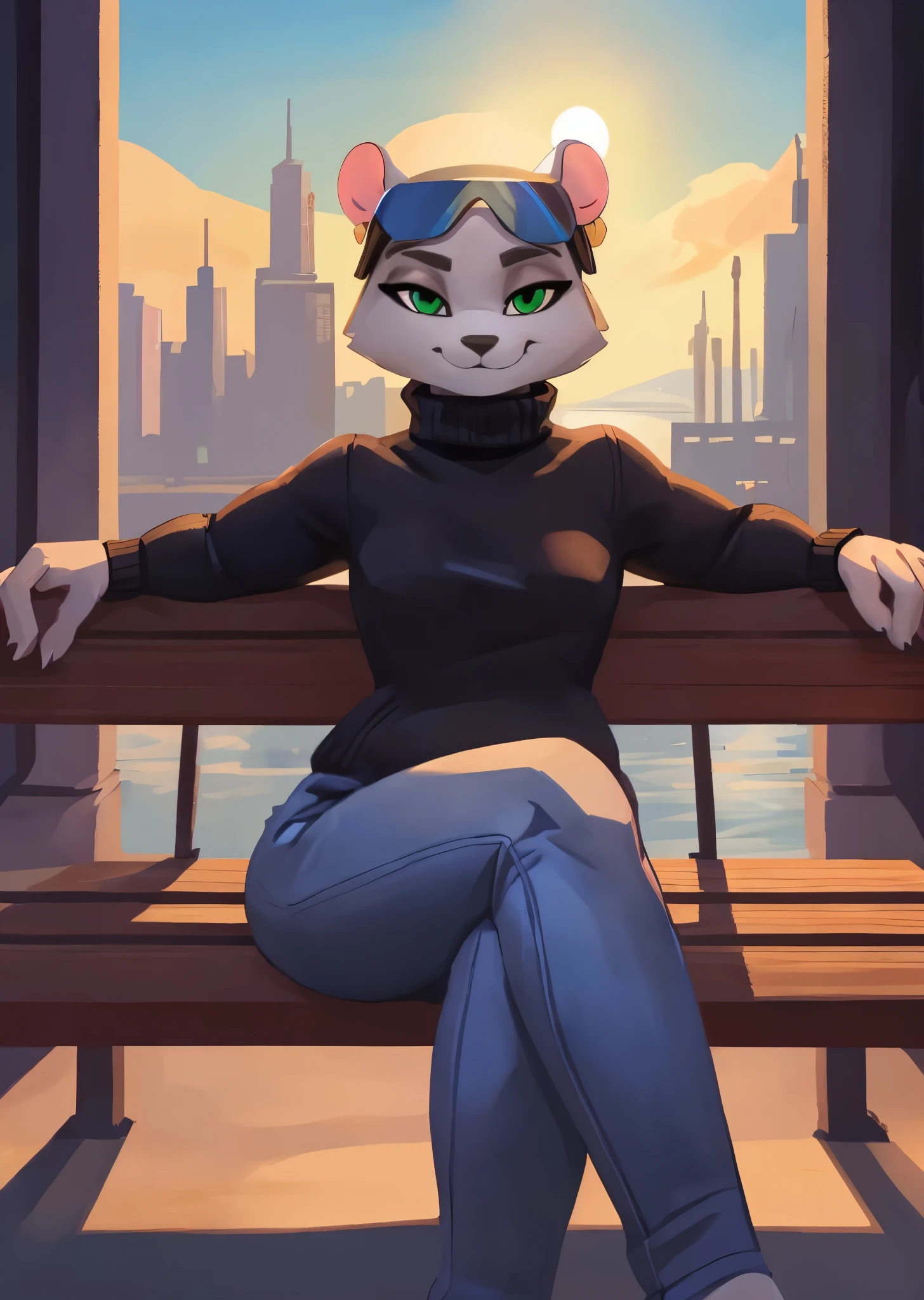 [marie itami], [brand new animal], [Uploaded to e621.net; (wamudraws), (Pixelsketcher)], ((masterpiece)), ((HD)), ((high res)), ((solo portrait)), ((full body)), ((front view)), ((feet visible)), ((furry; anthro)), ((detailed fur)), ((detailed shading)), ((beautiful render art)), ((intricate details)), {anthro mink; grey fur, black nose, (cute green eyes), (detailed iris), (long eyelashes), (long fluffy tail), (curvy hips), (detailed legs), (beautiful legs), (smug smirk), (relaxed expression)}, {(black turtleneck sweater), (tight jeans), (green sunglasses on head)}, {(sitting on bench), (crossed legs), (looking at viewer)}, [background; (city), (beautiful port), (glistening water), (clouds in sky), (blue sky), (sun rays), (ambient lighting)]