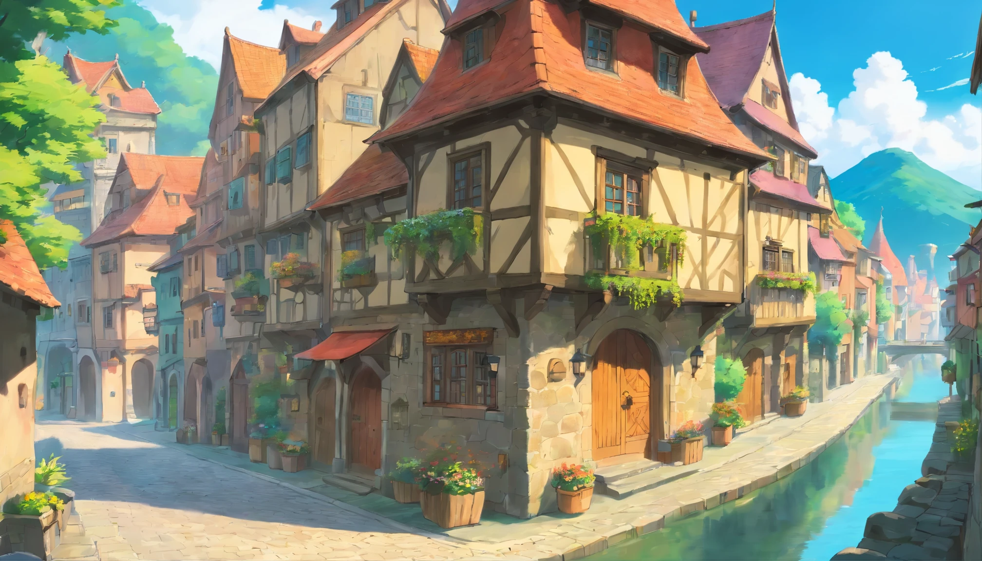 Fantasy City, medieval city, medieval European city, Stone houses, fantasies