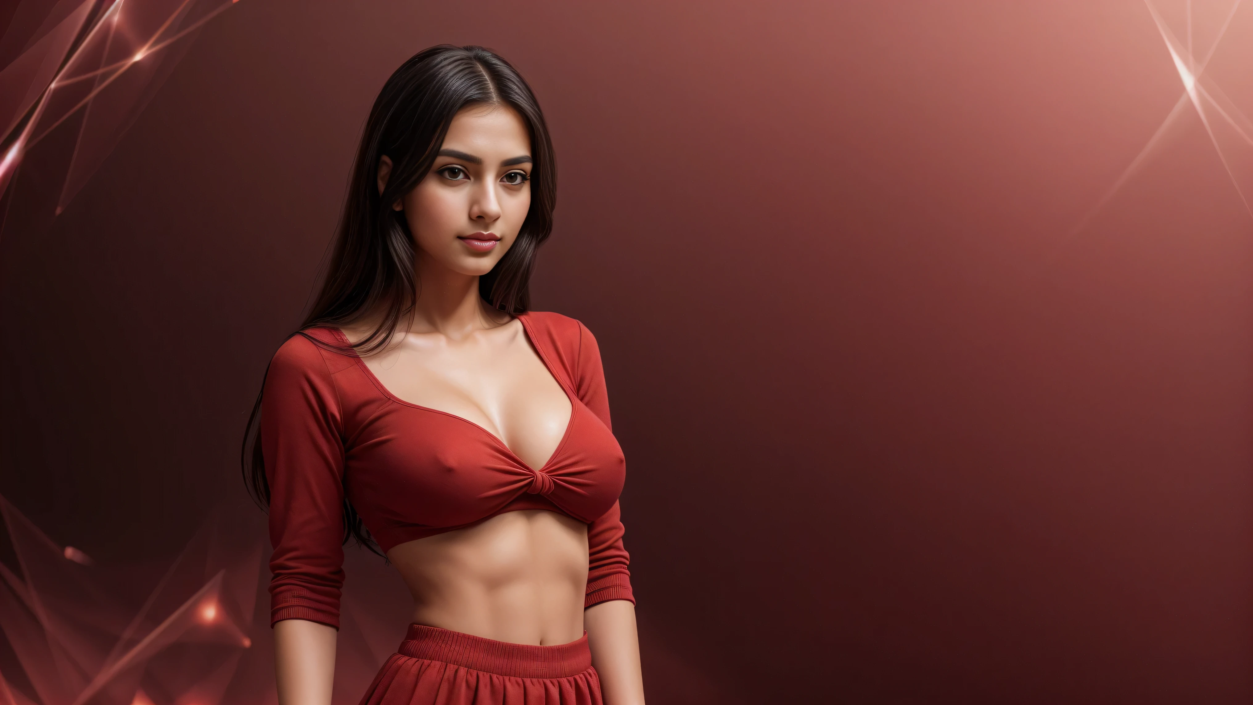 (best quality,4k,8k,highres,masterpiece:1.2),ultra-detailed,(realistic,photorealistic,photo-realistic:1.37),((1girl:1.9)), (((standing alone:1.9))), ((ars old)(sharp focus), (beautiful and aesthetic:1.2), [((Raiana-Elizabeth-Dilla:1.9))], (slim slender fit-muscled body:1.9), (((sexy casual-style ((red:1.5)) shirt with ultra-short ((red:1.5)) miniskirt))),cleavage breasts,(large breasts:1.2),beautiful girl,graceful posture,serene expression,proud and confident girl,shining jewels,flowing dark-black hair,sparkling eyes,rosy cheeks,ethereal beauty,soft lighting,(abstract background:1.9),((whole-body-view:1.9)), ((full-body:1.9, cinematic shot)),girl of elegance,vivid colors,harmonious color palette,elegant composition,tranquil atmosphere,classic beauty,majestic presence,beauty personified