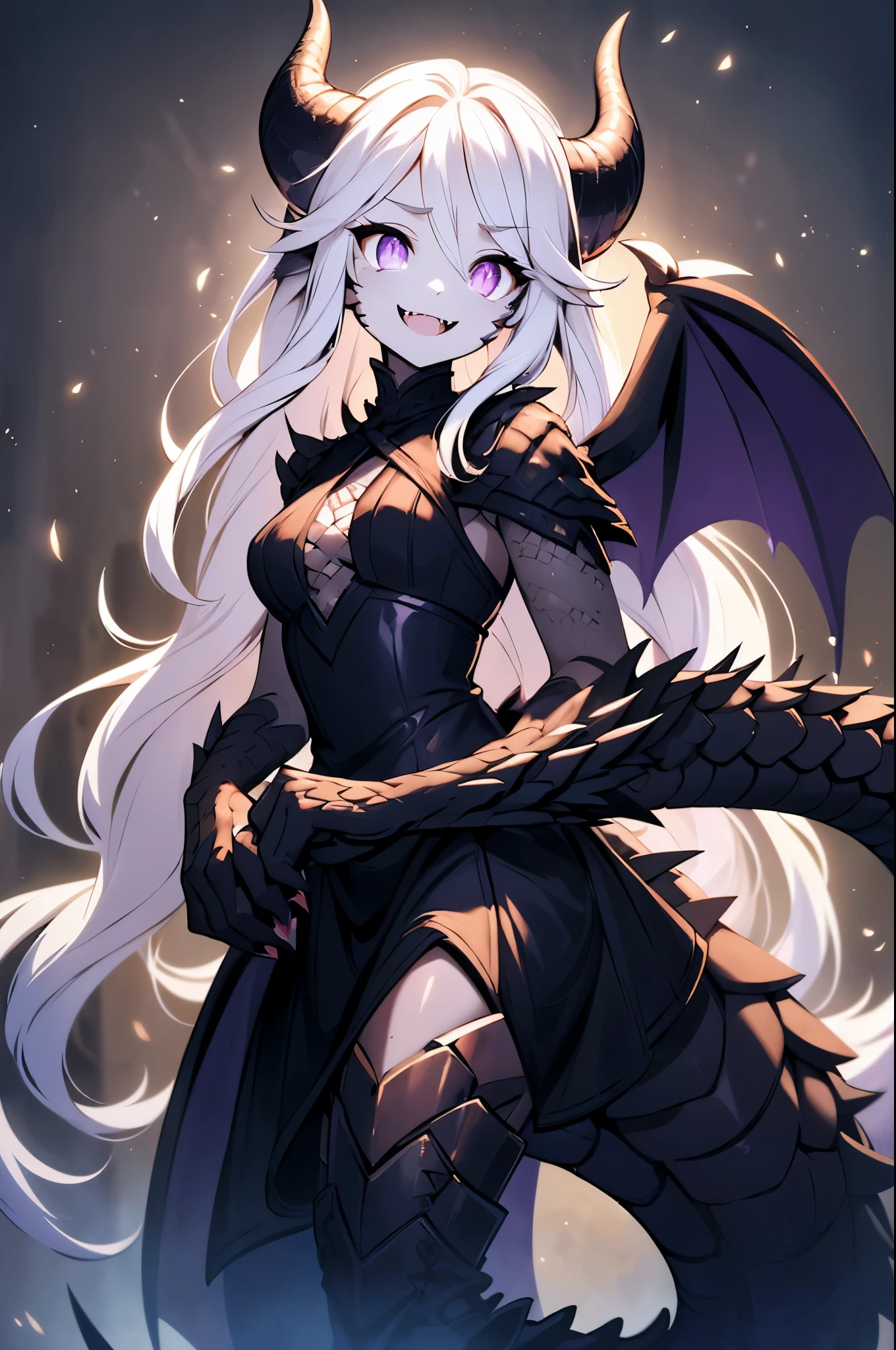 Masterpiece, big crazed open smile,evil menacing face and smile, laughing open large fanged smile,(Highres,4k,highly detailed, best quality),1woman, very long wavy white hair, glowing bright purple dragon eyes with black sclera, dragon scales on her body, slender and tall, very long ornate black gothic black dress, dragon legs and hands, 2 large angel wings, 6 horns with 3 on each side, small-medium chest, white feathers on tail and along her body,1 tail, head tilted, killer looking face, purple haze and light streaming from her eyes, focus on face, (eyes with black sclera),fangs