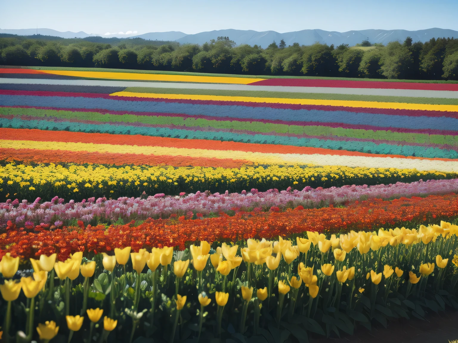 a flower field with a blue sky in the background, flower field, an aesthetic flower field, Very rich and colorful, flower fields, 混合flower field, flower field, with flower fields as foreground, rich and colorful, There are flowers everywhere, There are flowers everywhere, Vivid and rich and colorful, flower field, Vibrant and rich and colorful, 非常rich and colorful, very rich and colorful, standing in flower field