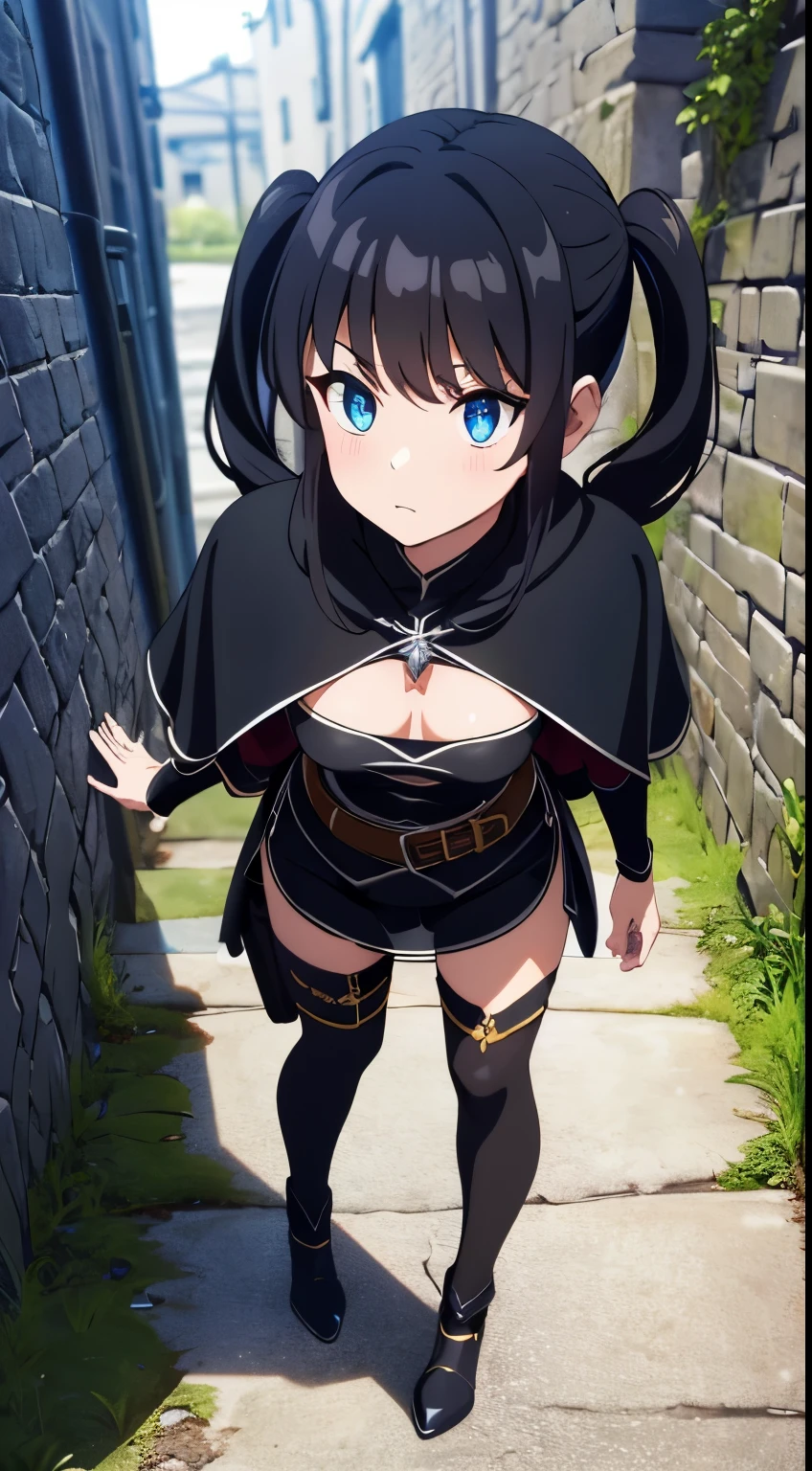 big masterpiece, best quality, extremely detailed CG, beautiful detailed eyes, ultra-detailed, intricate details:1.2), 8k wallpaper, elaborate features, glistening shiny, glowing light, ray tracing, HDR, deph of field, (perfect face), HD, perfect lighting, ((beautiful detailed eyelashes)), ((full body)), solo:1.5 (high-quality, breathtaking),(expressive eyes, perfect face) portrait, 1girl, female, solo, adult, age 20, Black hair, raven black hair, Dark black hair color, bright blue eye color, blue eyes, sky blue eye color, long hair length, looking at viewer, half body, calm expression, tsundere face expression, fantasy clothing, height 4"3, fantasy adventurer attire, rouge attire, thief profession, short height, black cloak, black jacket, black short sleeved shirt, long sleeved leather bracers, black shorts, silver trim, fantasy armor, shoulder pads, pigtails, long pigtails, pigtails hairstyle, very long hair, very long tiwntails hairstyle only, very long pigtail hairstyles, leather armor, light tanned skin, B cup breast size, curly hair, slightly narrow eyes, mature face, wearing fantasy themed clothes, wearing assassin clothes, wearing thief clothes, wearing black hooded cloak, hood down on cloak, black shorts, black knee high socks, black leather armor, boob window on chest, flipping a coin, leaning against a wall waiting, leaning against a wall flipping a coin, silver trim on fantasy clothes silver trim on clothes, glorious absolute territory, absolute territory, in an alley way, in a stone alley way, stone wall, fantasy stone alleyway, night time, moon over head, moonlight shining down