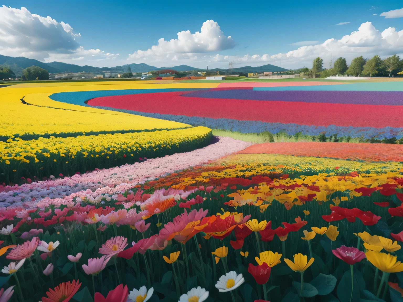 a flower field with a blue sky in the background, flower field, an aesthetic flower field, Very rich and colorful, flower fields, 混合flower field, flower field, with flower fields as foreground, rich and colorful, There are flowers everywhere, There are flowers everywhere, Vivid and rich and colorful, flower field, Vibrant and rich and colorful, 非常rich and colorful, very rich and colorful, standing in flower field