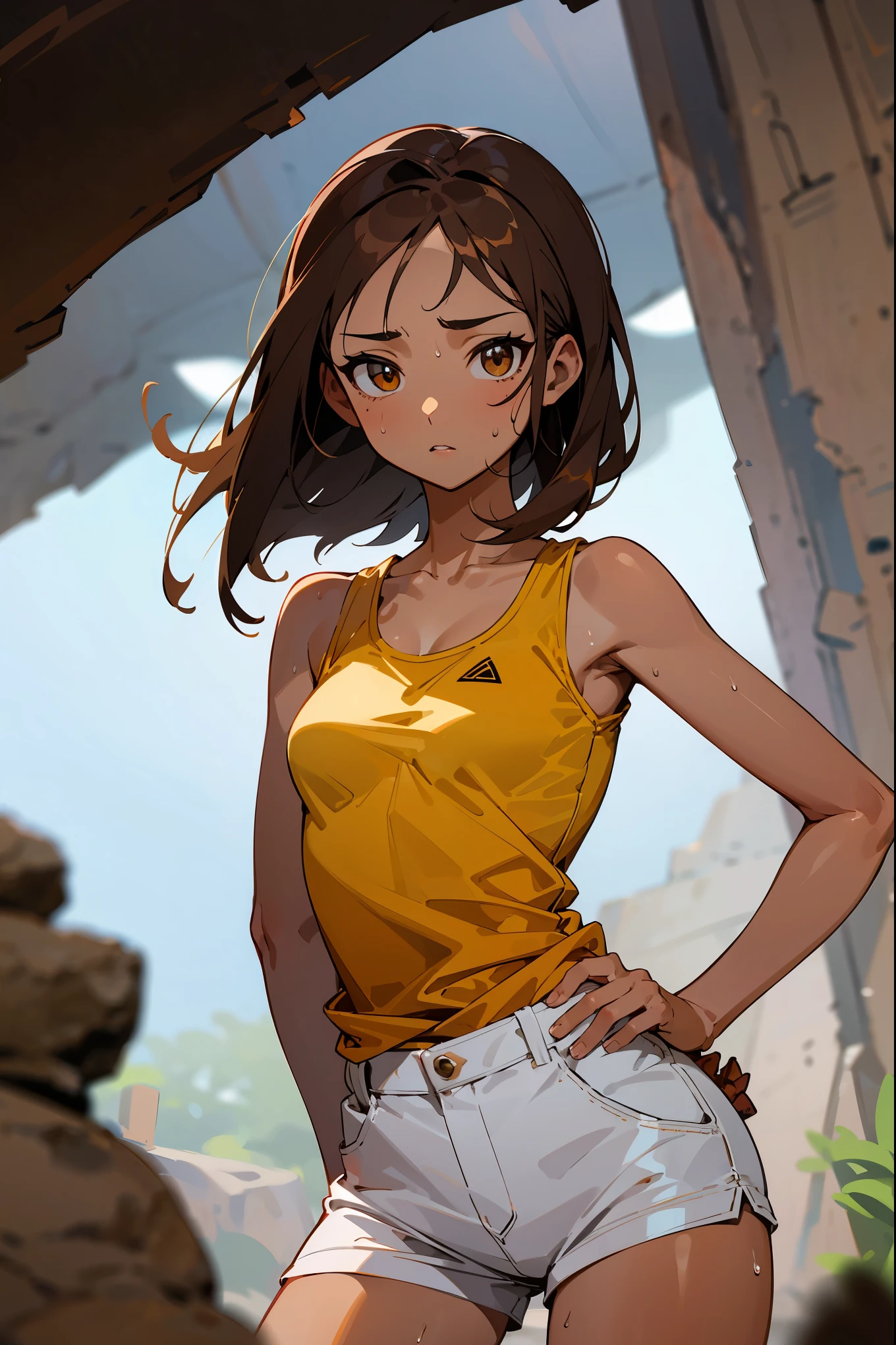 (fine lineart), masterpiece,best Quality,extremely beautiful detai led anime face and eyes,cowboy shot,gal.safetensors,20-year-old、Beauty,solo, brown hair,shoulder length hair,brown eyes,slender body,very small head、medium breasts,brown skin,gleaming skin,oily skin,shiny skin,sweat,muddy skin、white tight tank top、micromini shorts,explorer's equipment、In a dark cave、rocky place、