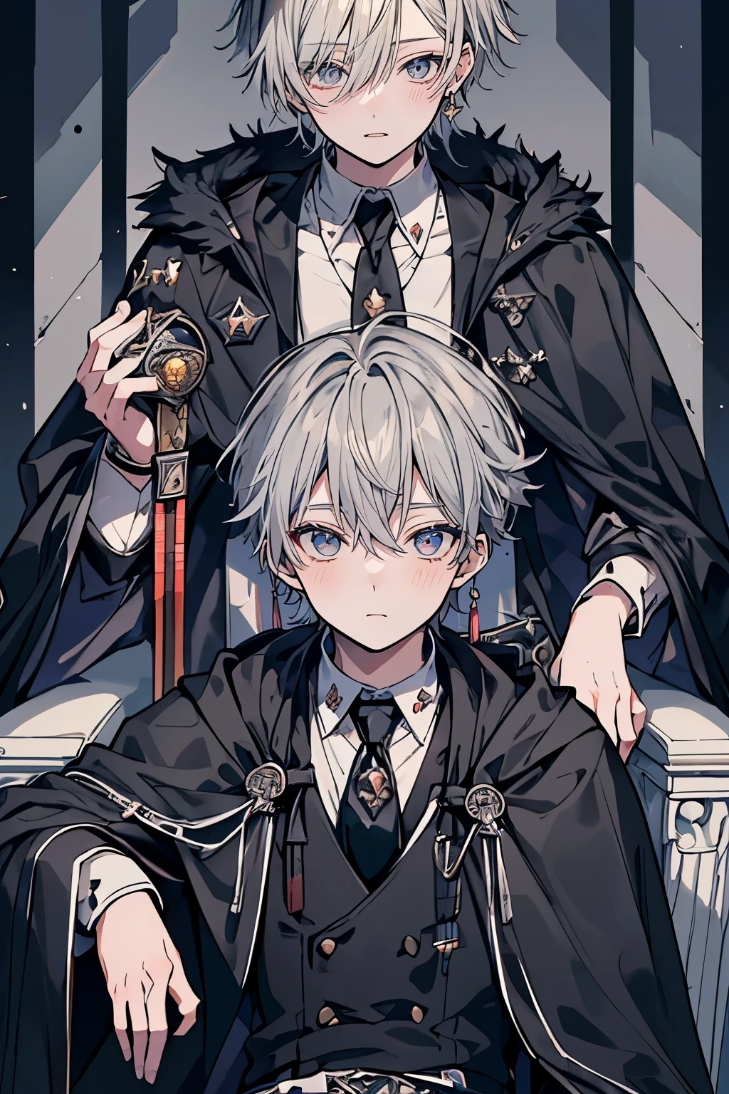 (muste piece), (best quality), very detailed, (((Two friendly high school boys:1.5))), perfect face, beautiful face, very detailed face,(black haired butler_tie:1.3),(King of gray hair_fur cloak:1.3),Inside the city,throne