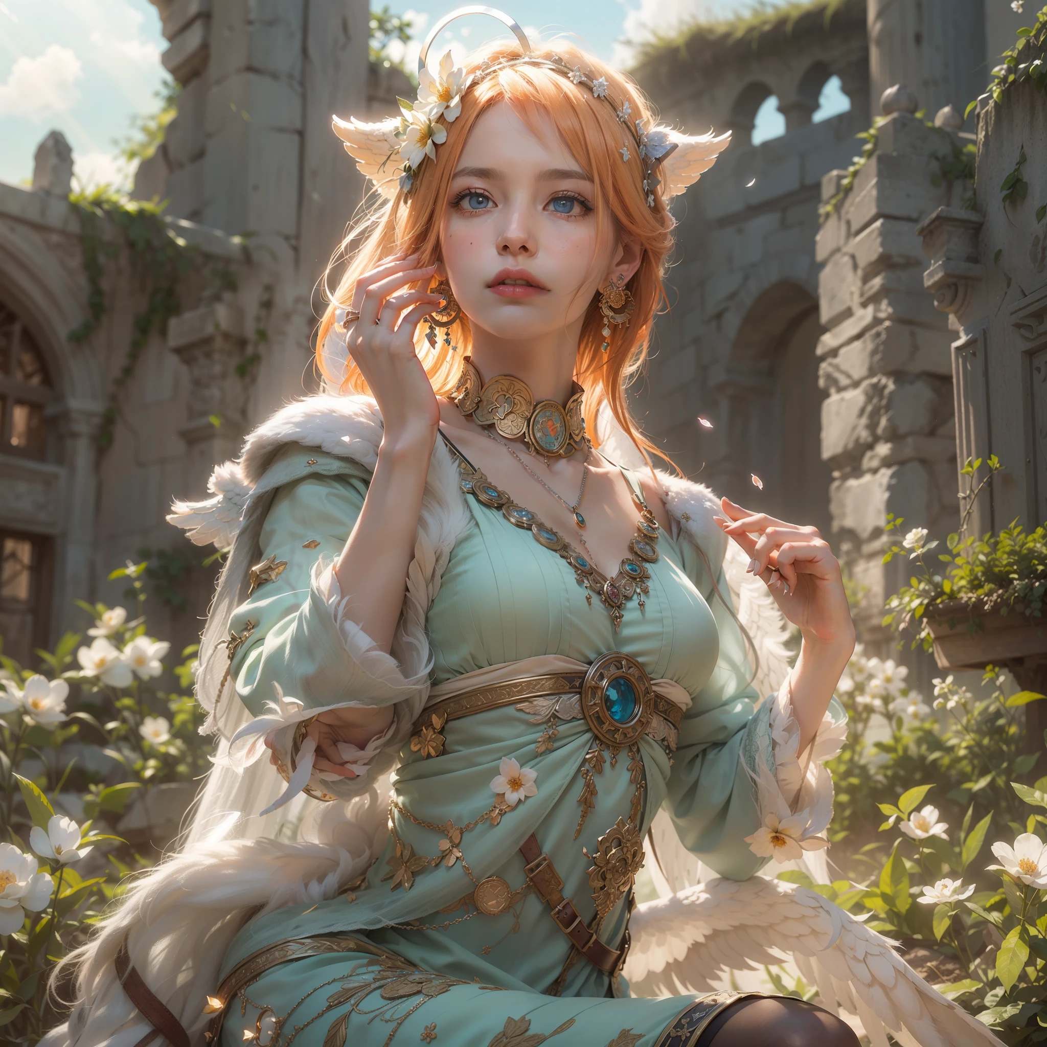 (​masterpiece, best quality:1.5), highest quality, High resolution, super detailed, Realists, Upper body photo of a blonde sorceress, detailed and beautiful eyes, beautiful detailed lips, very detailed eyes and face, longeyelashes, shiny satin dress, Holding a magic wand in your hand and performing a transformation spell, Magic wands present and shining, Cat becomes part of the dress,  Beautiful and colorful makeup, elegant and noble々The jewelry bag, Gardens as background, soft daylight, bright colors, fine brushstrokes, Portrait style, Silk dress fabric, beautiful color palette, glowing skin, First-class rendering, that captures every detail, enchanting atmosphere, subtle shadows and lights, (perfect anatomy:1.2), (The two stunning sorceresses transform cats into dresses) (a transformation):1.4), (magnificent panorama view:1.2)