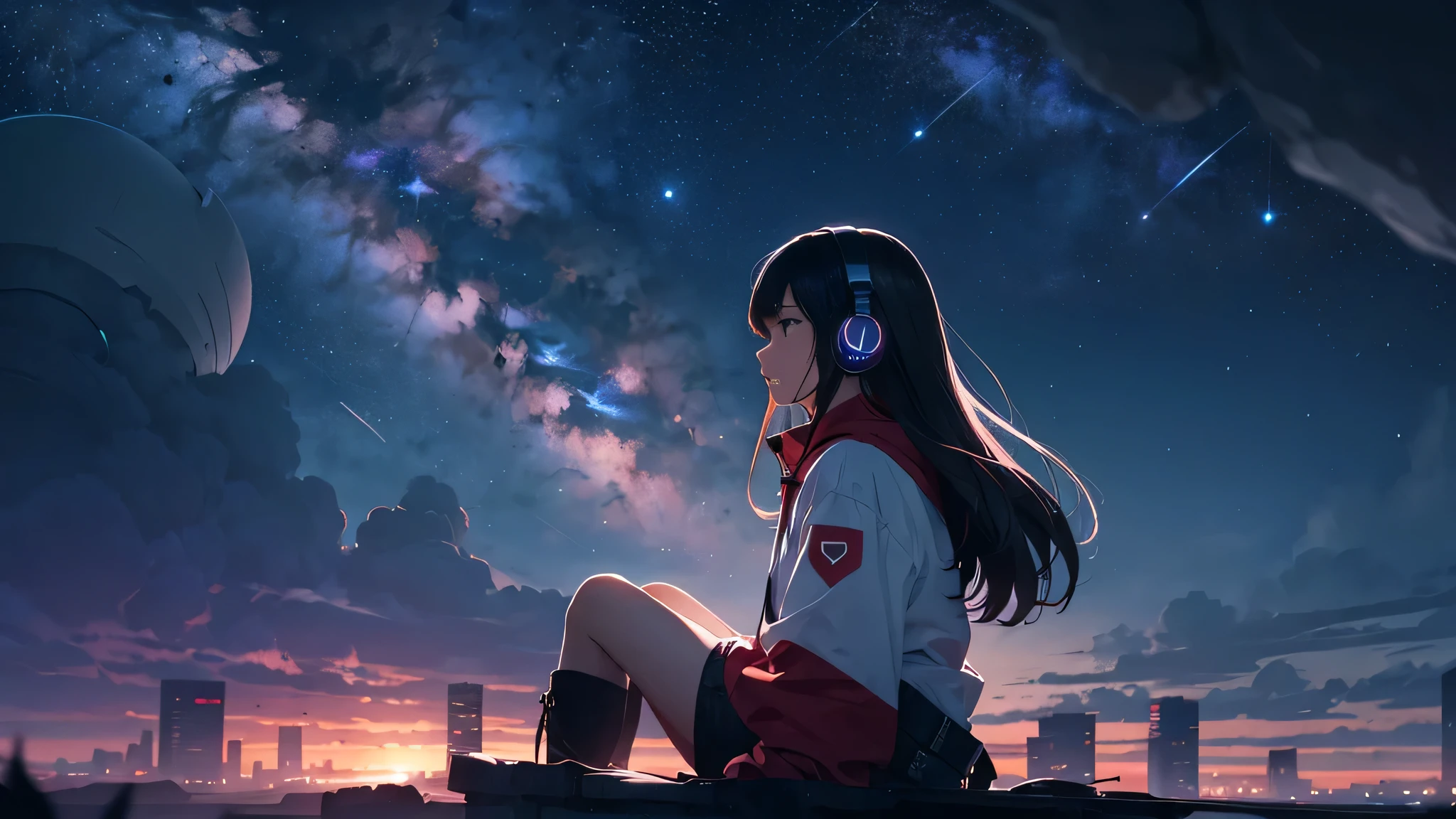 octane rating, nullはまだ明るい, star (null), scenery, starnull, night, 1 girl,silhouette, wear headphones,nightnull, alone, outdoors, building, cloud, milky way, sitting, wood, long hair, city, run away,