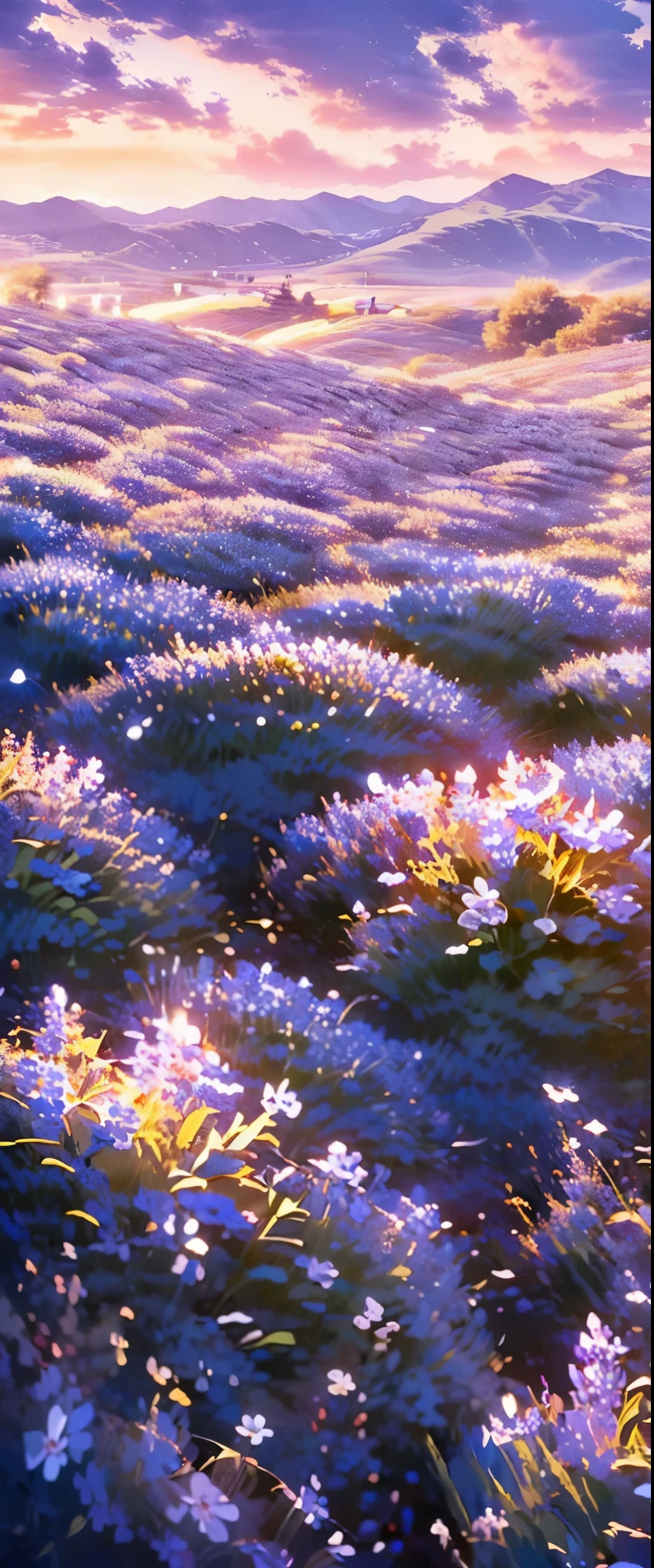 ((masterpiece, highest quality, Highest image quality, High resolution, photorealistic, Raw photo, 8K)), a field of purple flowers with the sun setting in the background, really beautiful nature, lilac sunrays, lavender fields in full bloom, beautiful nature, violet sky, purple beautiful sky, purple sunset, violet and yellow sunset, incredibly beautiful, in a lavender field in france, at purple sunset, beautiful place, field of fantasy flowers, purple sun, field of flowers, 