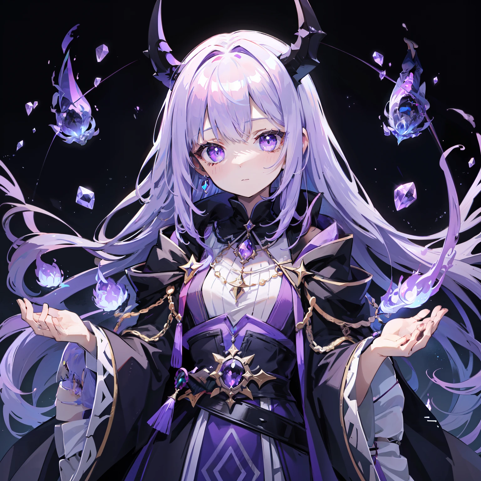 purple flame night. Darkness with impressive purple flames. black wizard woman&#39;s robe. she has a beautiful face and bright 紫の目. Purple magic flames can be seen around her... Detail view. bright colors. High resolution.magic wand、purple hair、purple gemstone necklace