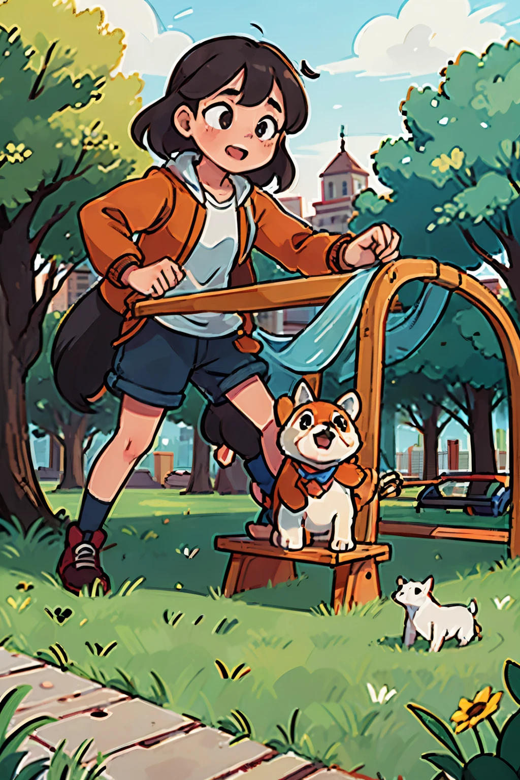 A  and a dog are playing in a park with play equipment