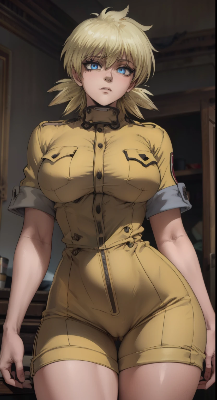 (masterpiece, highest quality, best quality, official art, beautiful and aesthetic: 1.2), (1girl), extremely detailed, (fractal art: 1.3), highest detailed, lower boddy focus, lower body, HDR, ), vivid visual effects, (dynamic stripes, luminous traces: 1.2), kuki, kuki shinobu, nude, hip focus, sexy, wide hips, thicc figure, completely naked, abs, muscular, ppussy, pusy focus. Face out of shot, Detailed face, Detailed eyes, perfect face, perfect eyes, seras, wearing overall jumpsuit, overall jumpsuit, exposed thighs
