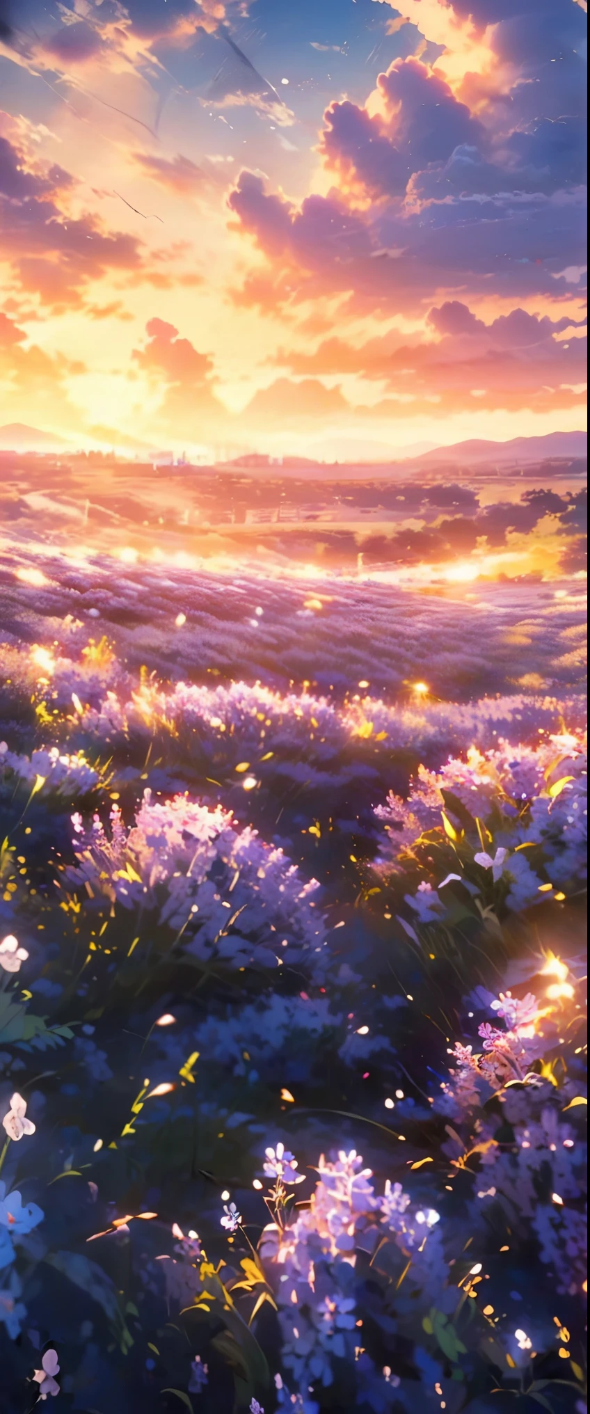 ((masterpiece, highest quality, Highest image quality, High resolution, photorealistic, Raw photo, 8K)), a field of purple flowers with the sun setting in the background, really beautiful nature, lilac sunrays, lavender fields in full bloom, beautiful nature, violet sky, purple beautiful sky, purple sunset, violet and yellow sunset, incredibly beautiful, in a lavender field in france, at purple sunset, beautiful place, field of fantasy flowers, purple sun, field of flowers, A young woman is sitting in a small boat in the middle of a lavender field, 