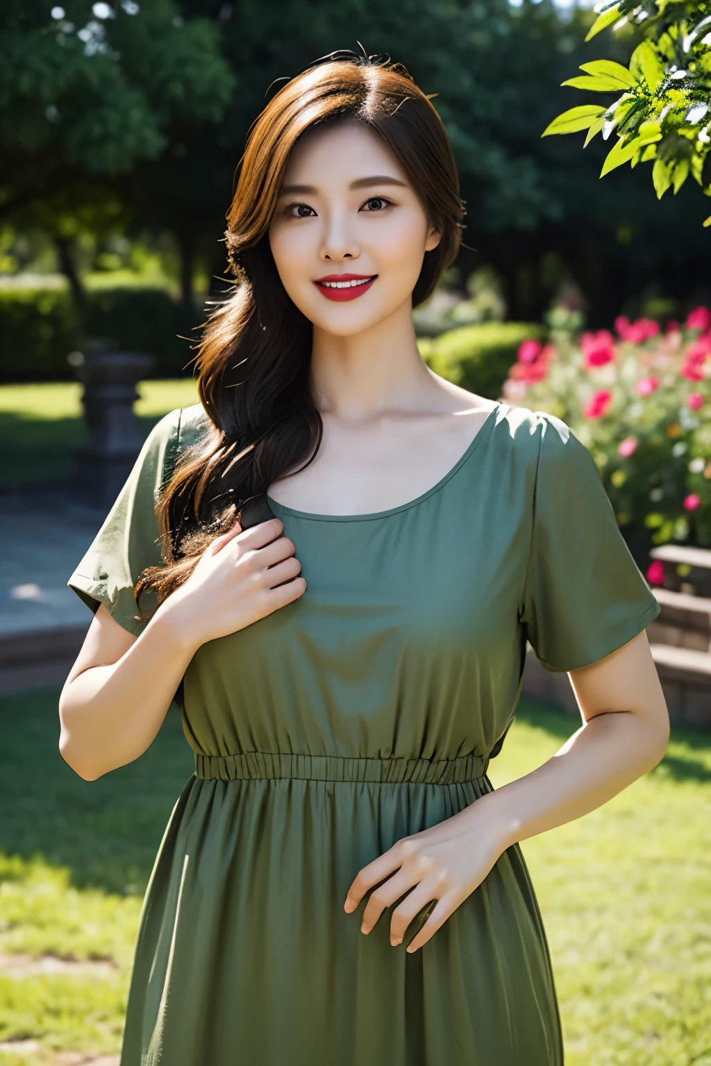 Draw lips correctly, red lipstick, from chest up, best quality, Super detailed, lifelike, Super fine skin, perfect anatomy, (1 日本Mature的女人), (alone),Wear a floral green high-end round neck dress,short sleeve,wavy long hair,37-year-old female,Mature,charming smile,garden background,stand,Slightly fat,medium chest,full-body shot
