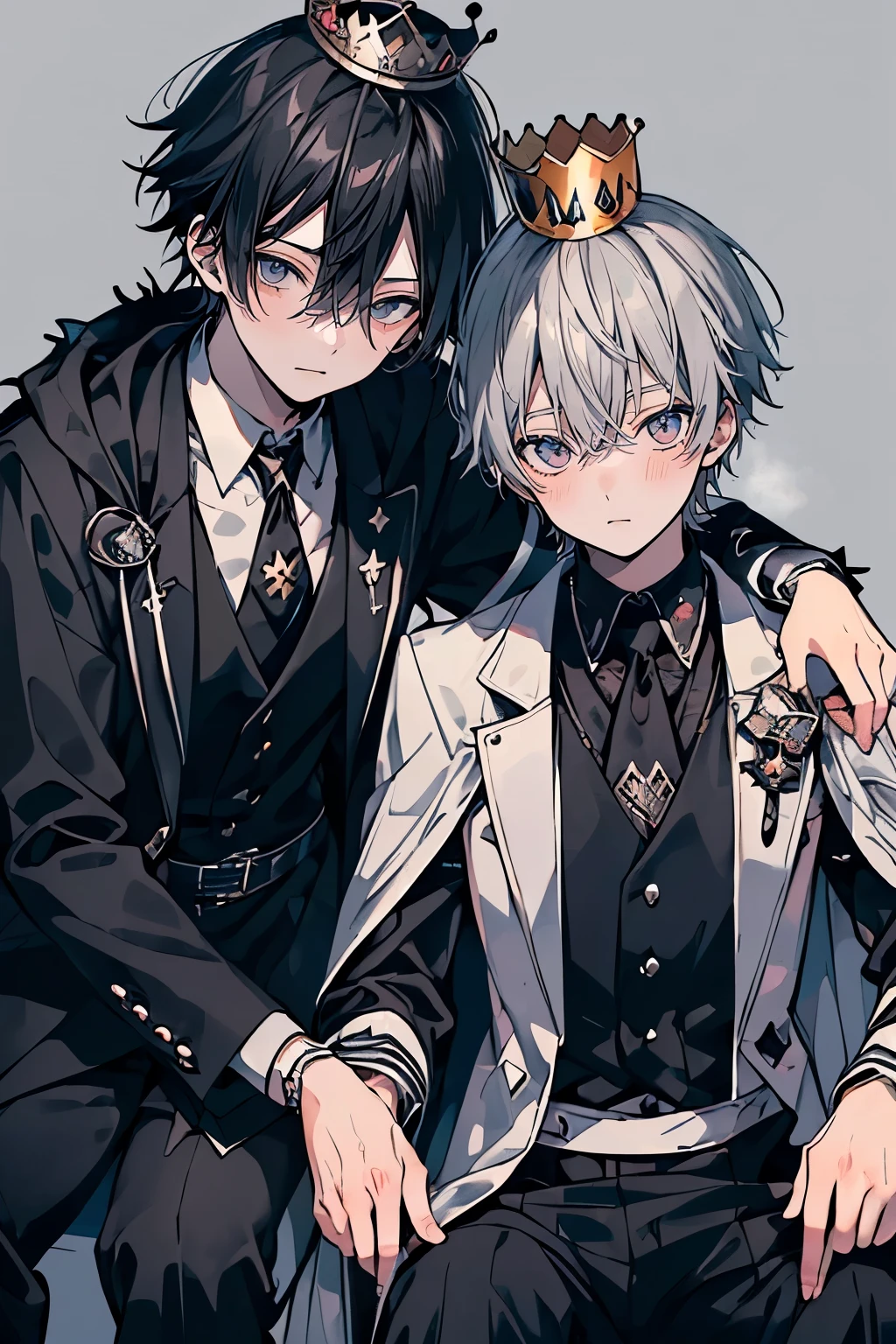 (muste piece), (best quality), very detailed, ((two friendly men)), perfect face, beautiful face, very detailed face,(black haired man:1.3),(white haired man:1.3),smile